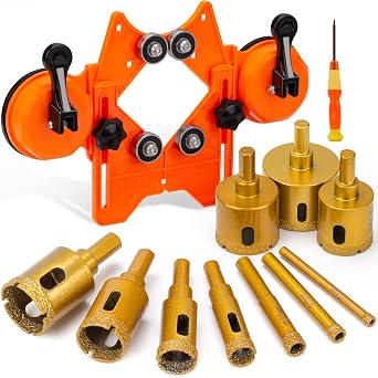 THINKWORK Diamond Drill Bits, Dry/Wet Brazing Hollow Drill Hole Saw Kit, 12 PCS Tile Opener 1/4"-2 with Double Suction Cups Hole Saw Guide Jig, Suitable for Glass, Ceramic, Tile, Marble, Porcelain