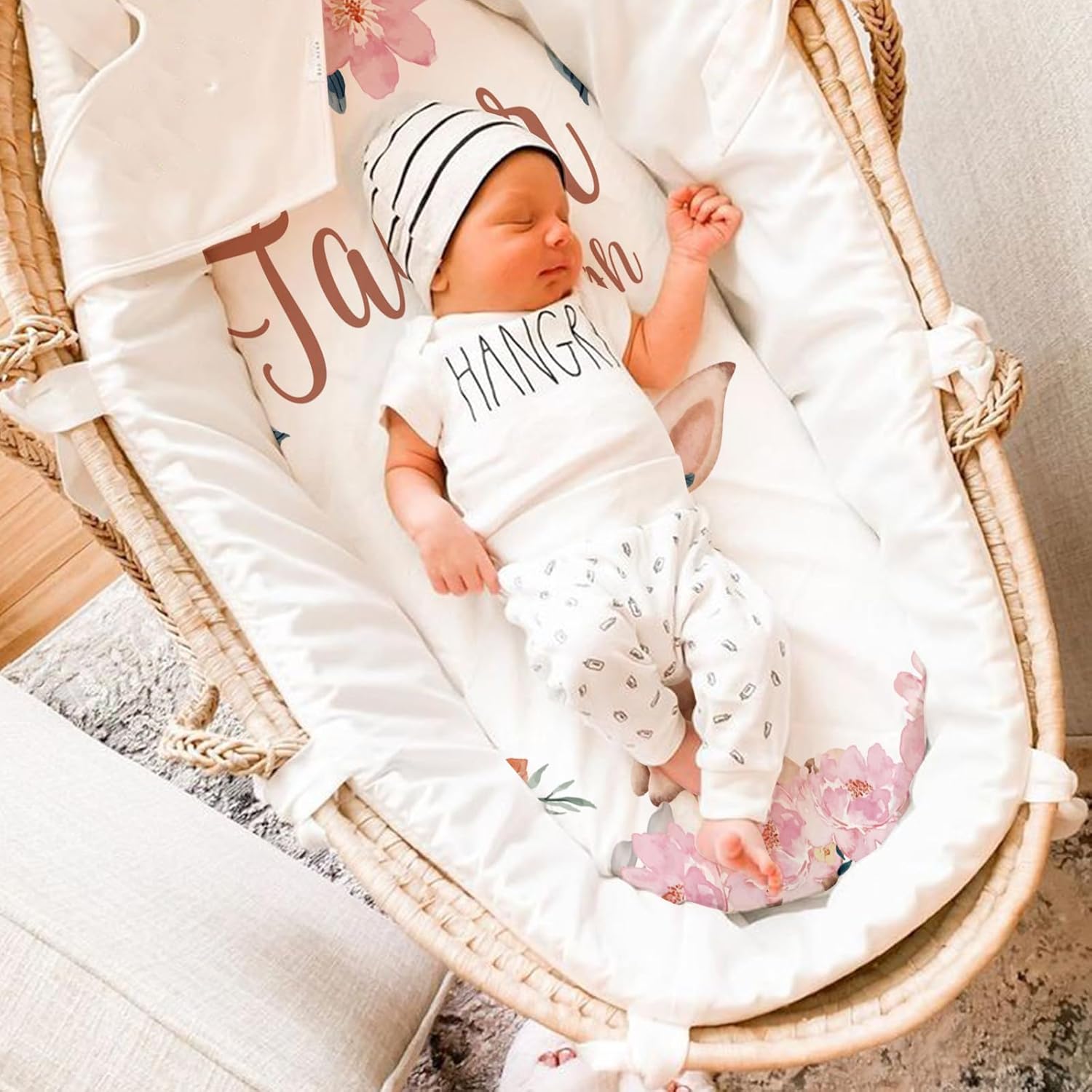 Custom Baby Bassinet Sheets - Universal Fit for Rectangle, Oval, Hourglass Bassinet Mattress/Pad - Stretchy Ultra Soft Fitted Bassinet Sheet Set 2 Pack with Personalized Name Style04