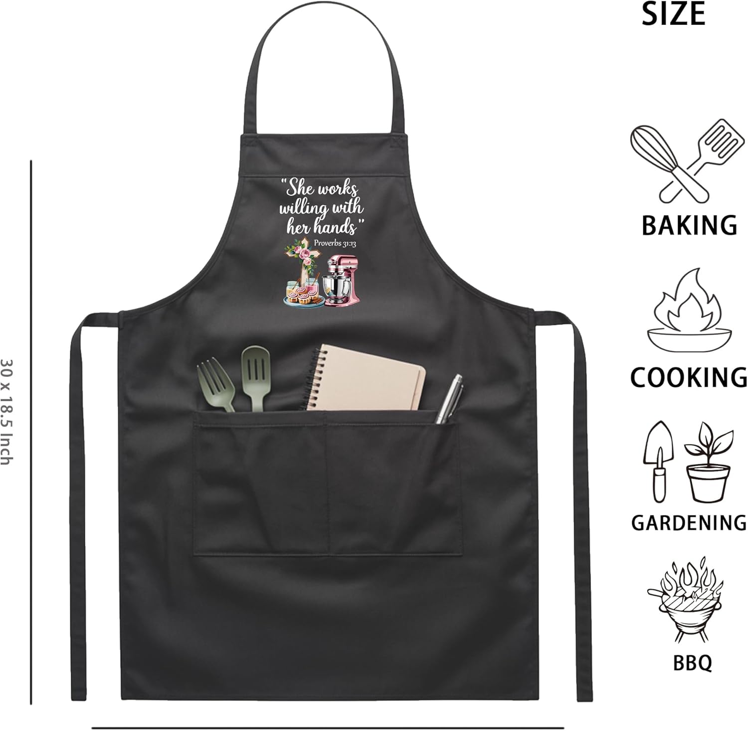 Christian Apron for Women, Cooking Kitchen BBQ Chef Aprons Gifts for Birthday Christmas, Adjustable Neck Strap with 2 Pockets, Proverbs 31:13 - Image 7