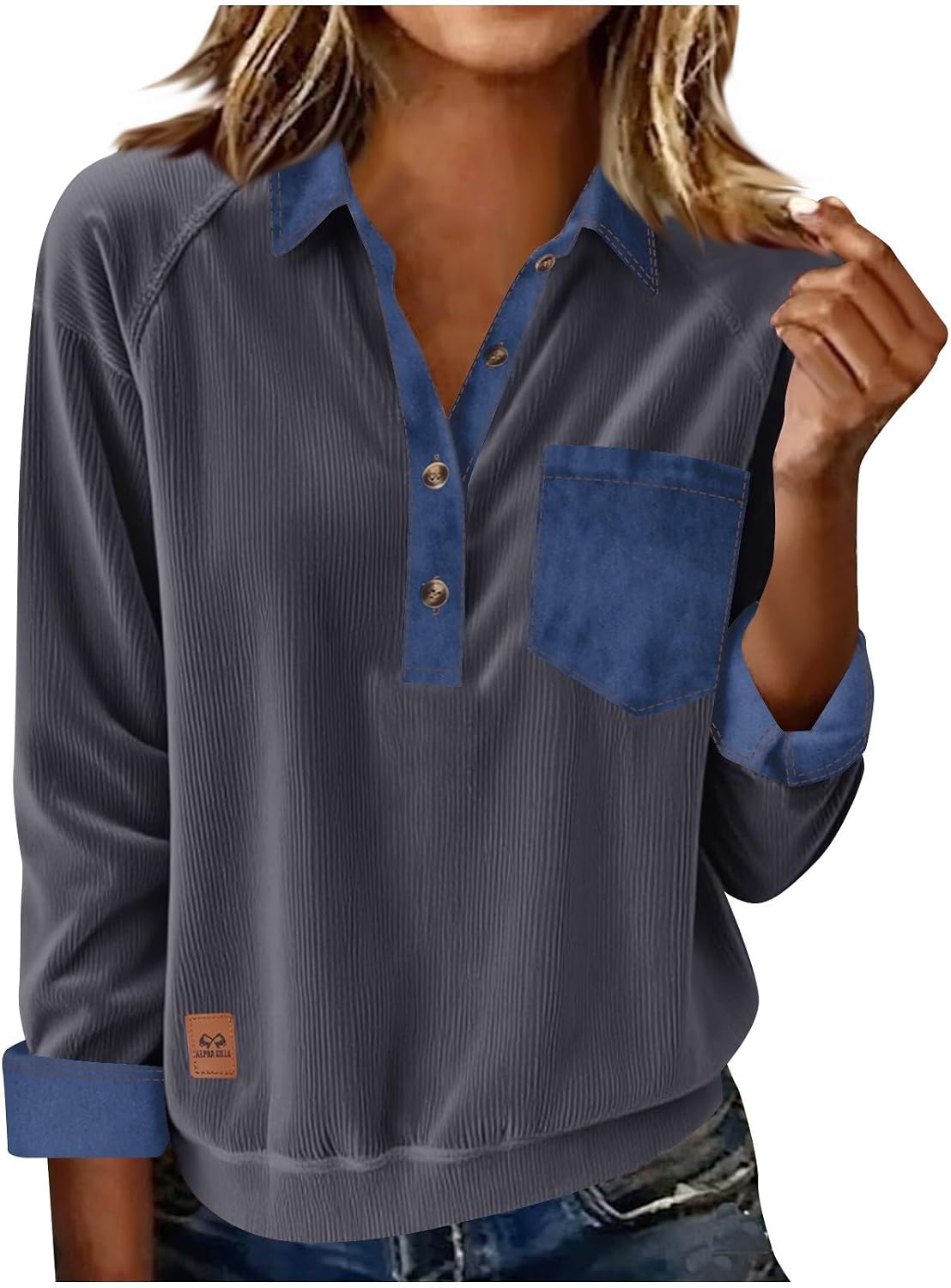 JOAU Women's Long Sleeve Denim Patchwork Lapel Shirts Dressy Casual V Neck Button Down Business Blouse Work Pocket Tunic Top