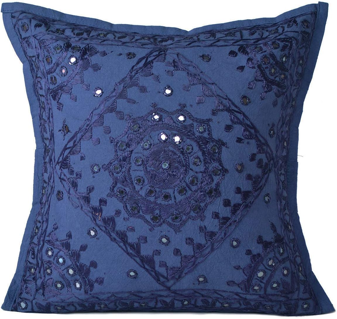 Vintage Cushion Cover 16x16 Geometric Embroidered Pillow Shams Unique Cotton Pillowcases Throw Pillow Cover (Dark Blue)