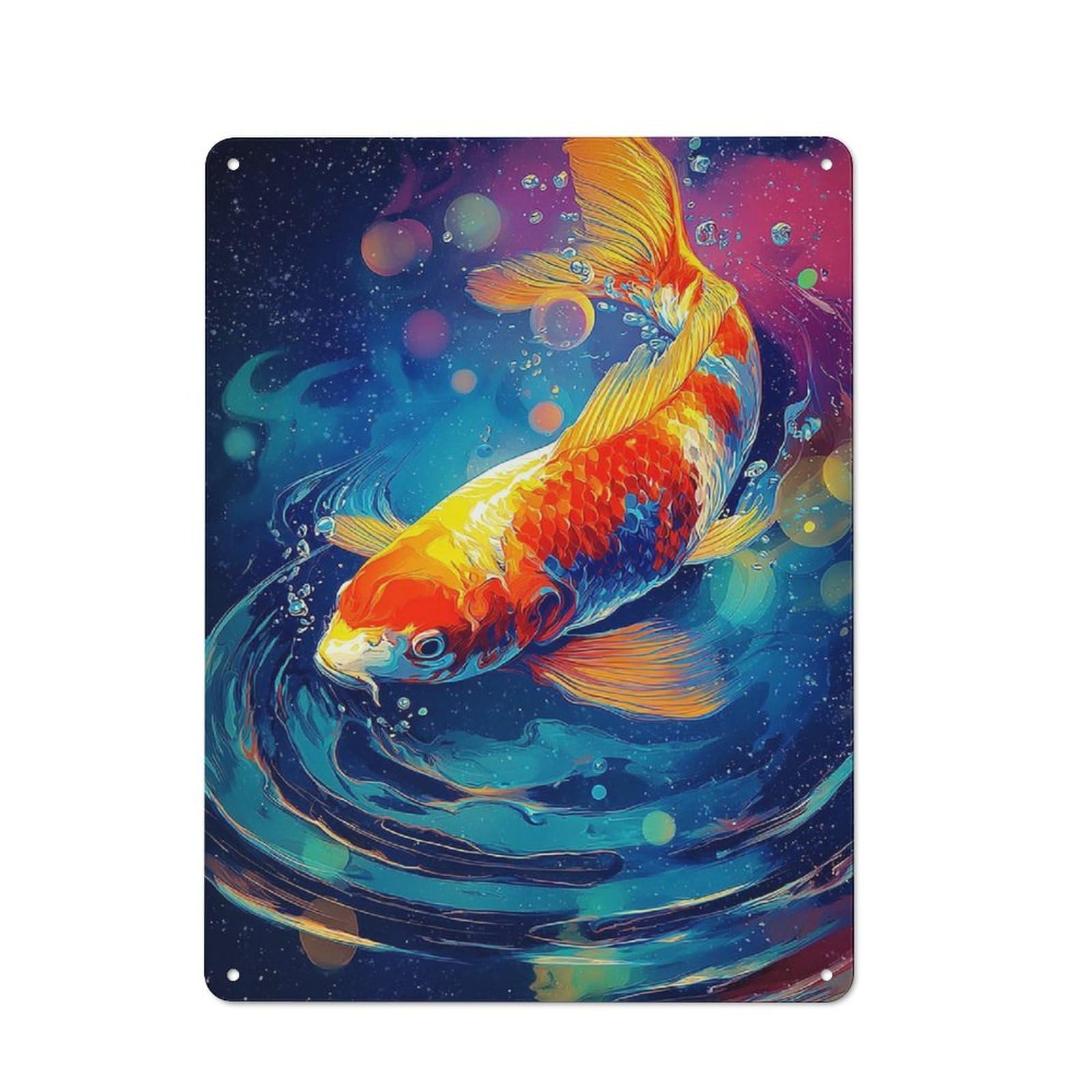 Country Style Colorful Koi Fish Painting Decorative Metal Sign 40x30cm, Bistro Wall Plaque for Restaurant, Kitchen, Counter Or Breakfast Nook