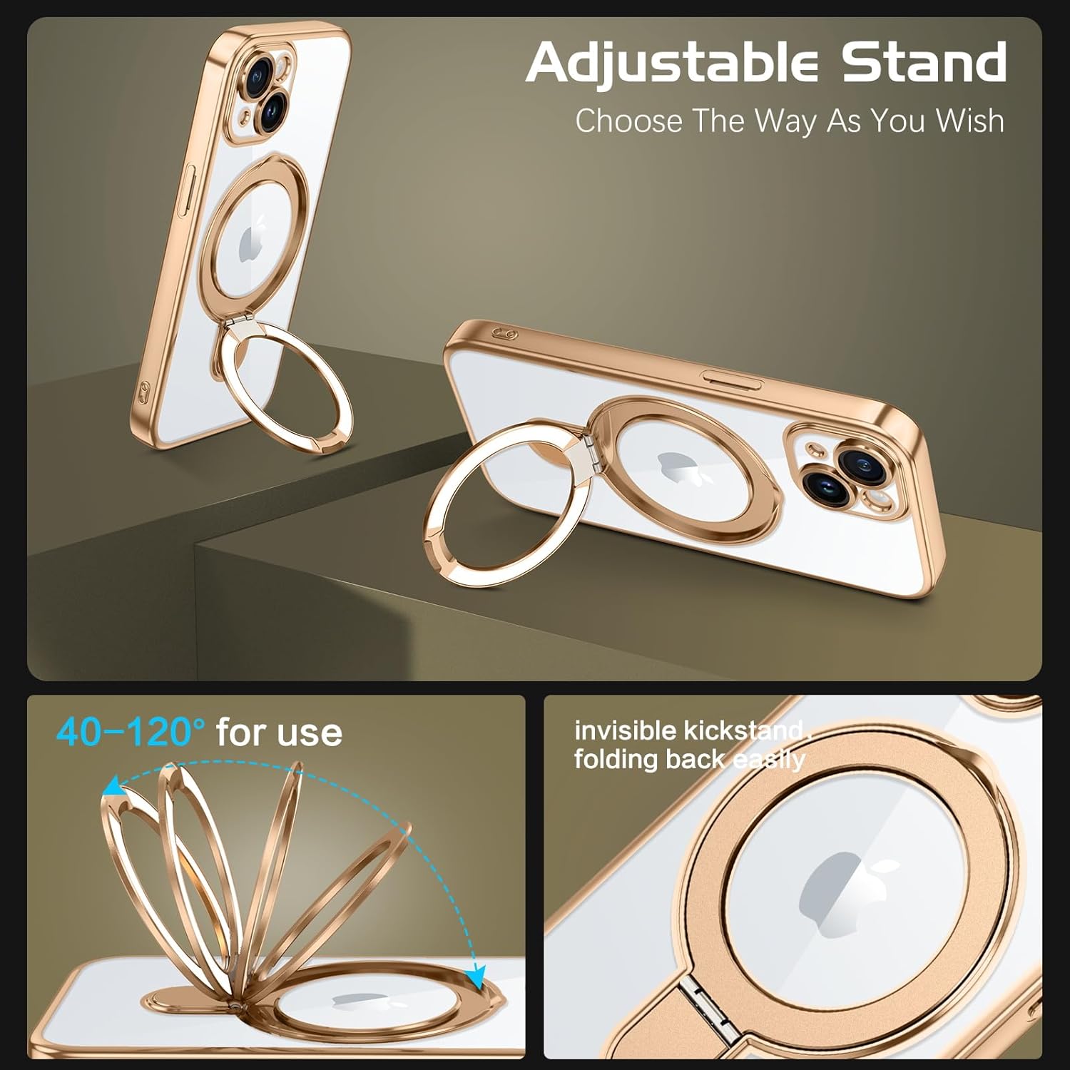GUAGUA for iPhone 13 Case with Stand, Magnetic Clear Cases Plating Edge Invisible Ring Holder Slim Shockproof Protective Kickstand Phone Case for iPhone 13 6.1'', Desert Titanium Gold - Image 2