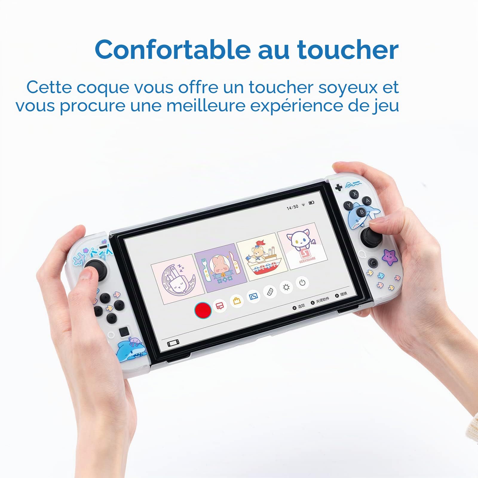 GeekShare Coque de Protection Fine Compatible avec Console Switch OLED et Joy Con, Absorption des Chocs et Anti-Rayures pour Switch OLED 2021 - Shark Party (Transparent)