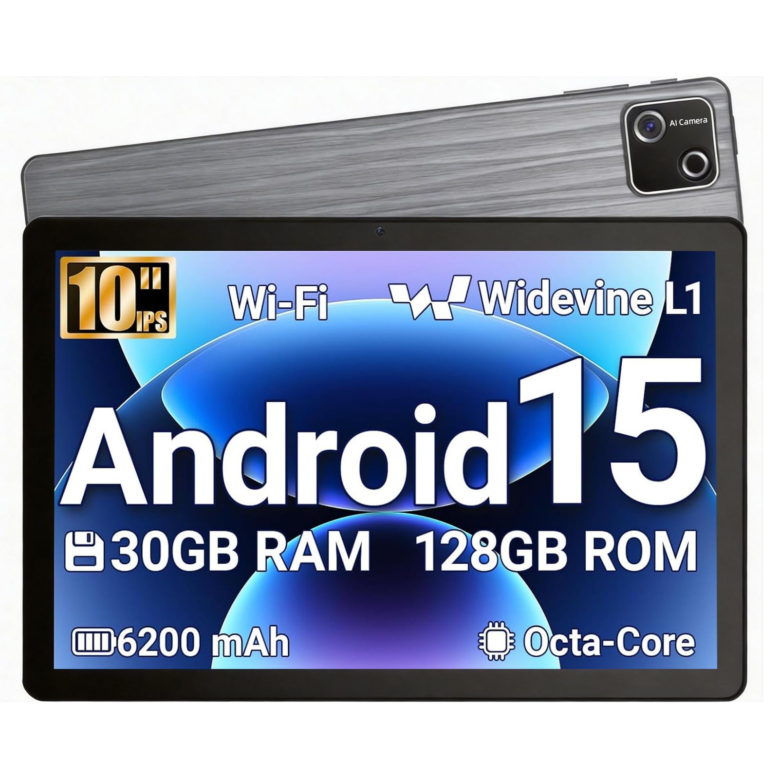 Evermyth Tablet, 10 Inch Android 15 Tablet, 30GB RAM 128GB ROM 2TB Expand, 6200mAh Fast Charging, Octa-Core Processor, 1280x800 HD IPS Screen, Dual