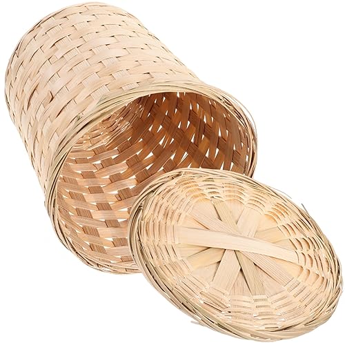 BESTonZON Cesta de lavandería tejida con paja papelera de ratán con tapa, papelera de mesa, papelera de oficina, cesta de mimbre, contenedor de