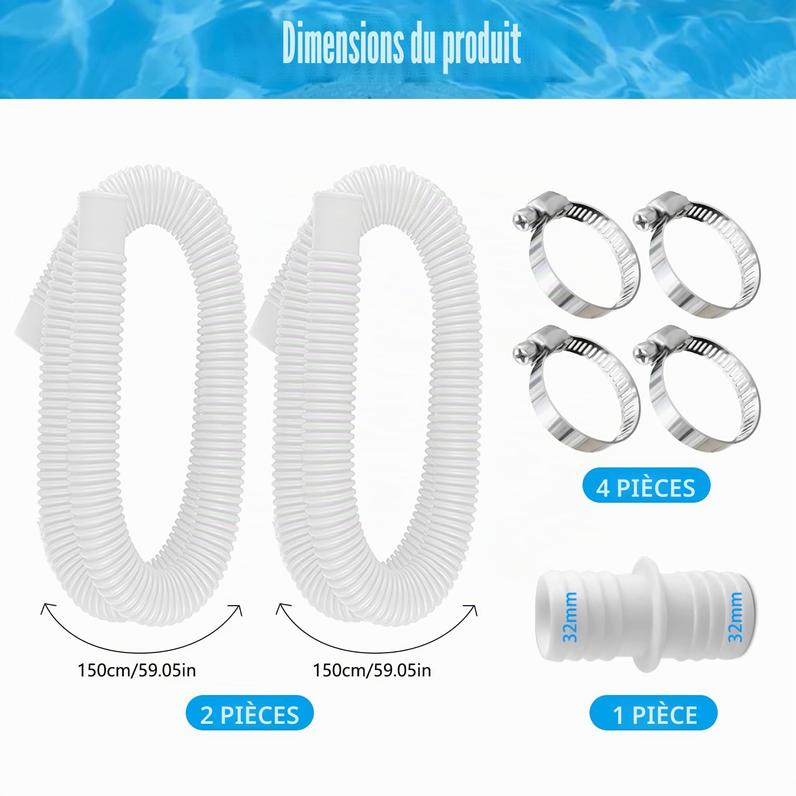 Lot de 2 tuyaux de piscine de 32 mm pour pompes de piscine avec 4 clips de sécurité et 1 raccord de tuyau, tuyau de piscine de 150 cm et 32 mm, pour pompe à filtre et piscine