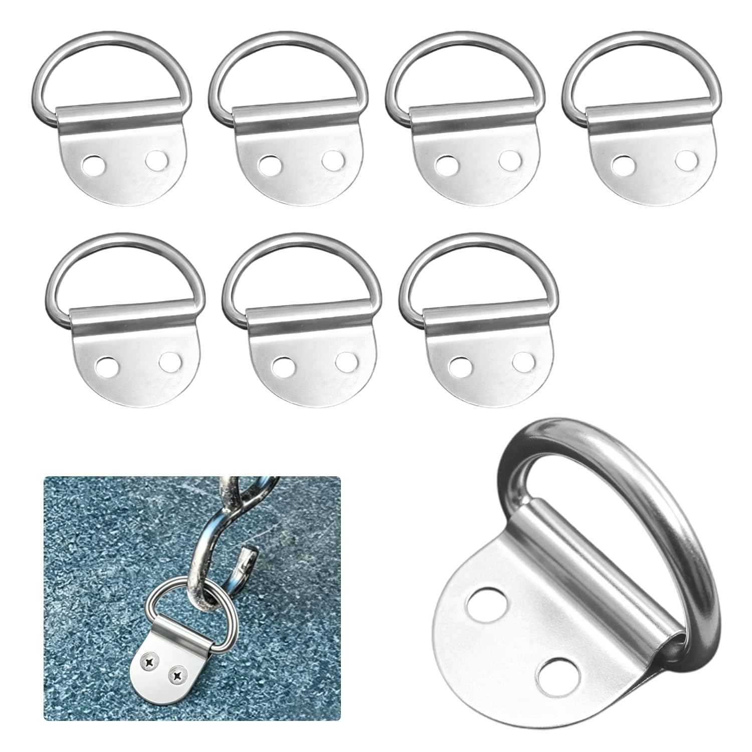 8 Pcs Silver D-Ring Tie Down Anchors, Trailer Truck Boat Load Securing Rings,Vernickeln Steel 4.5mm Mounting Holes 200kg Capacity