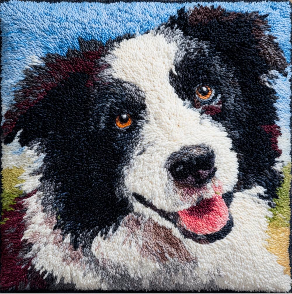 Taxpy Latch Hook Kits Pillow Border Collie Printed Cushion Crochet Yarn Embroidery Needlework Hook And Latch Kit Pillowcase Rug Cover Home Decor 43X43cm
