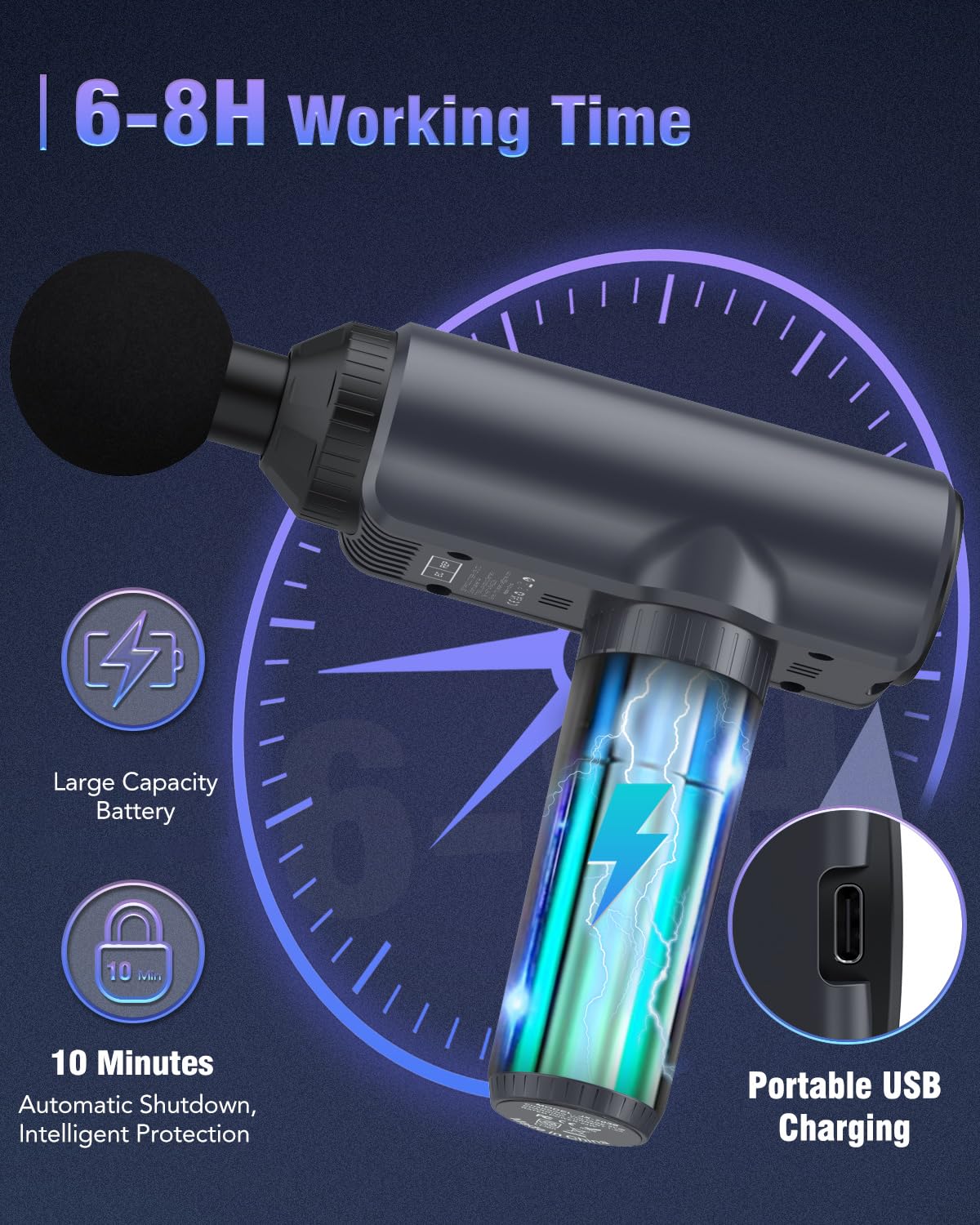 Pistola de masaje Massage Gun, pistola de masaje, dispositivo de masaje profundo con 30 velocidades y 6 cabezales de masaje, dispositivo de masaje manual con conexión de carga USB C(Gris Oscuro)