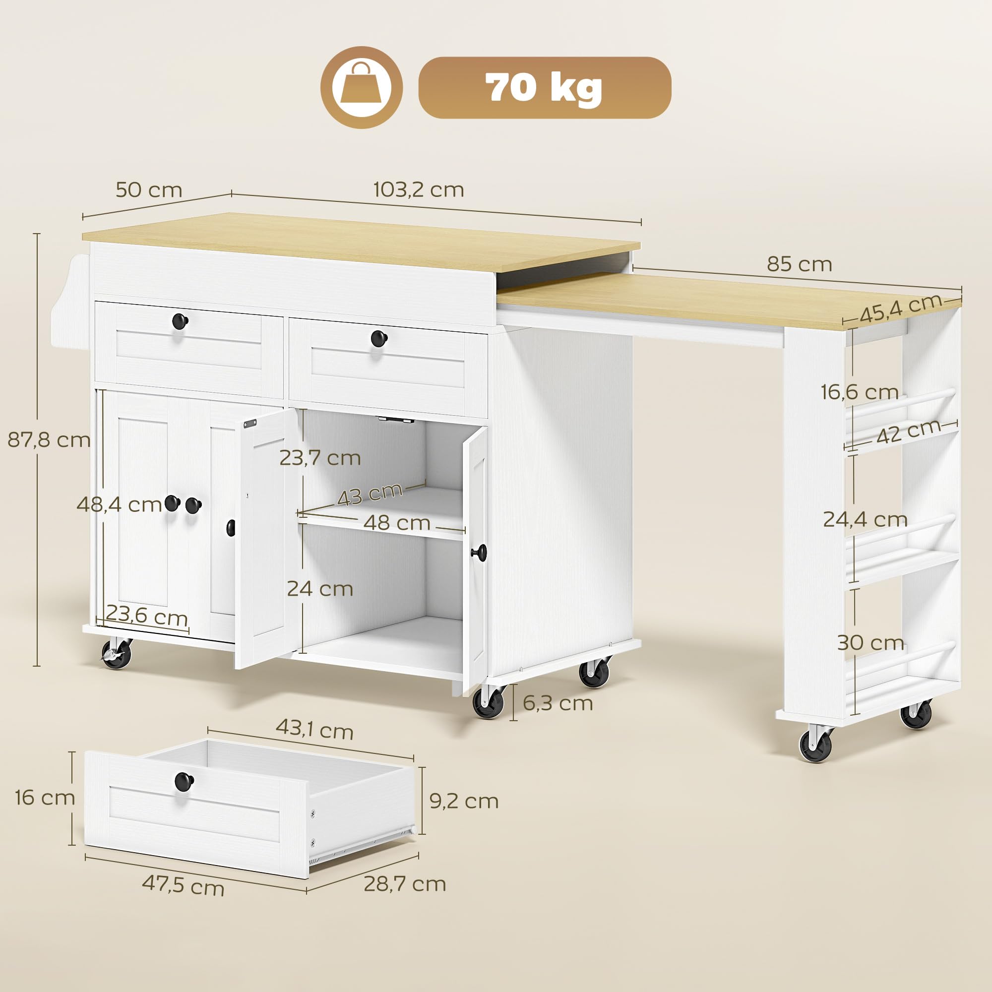 HOMCOM Îlot Central Cuisine avec Plateau Extensible, Desserte de Cuisine sur roulettes avec 2 Tiroirs, 4 Portes, Porte-Serviettes et Porte-Épices, Style Rustique,127,2-189,2 x 50 x 87,8 cm, Blanc