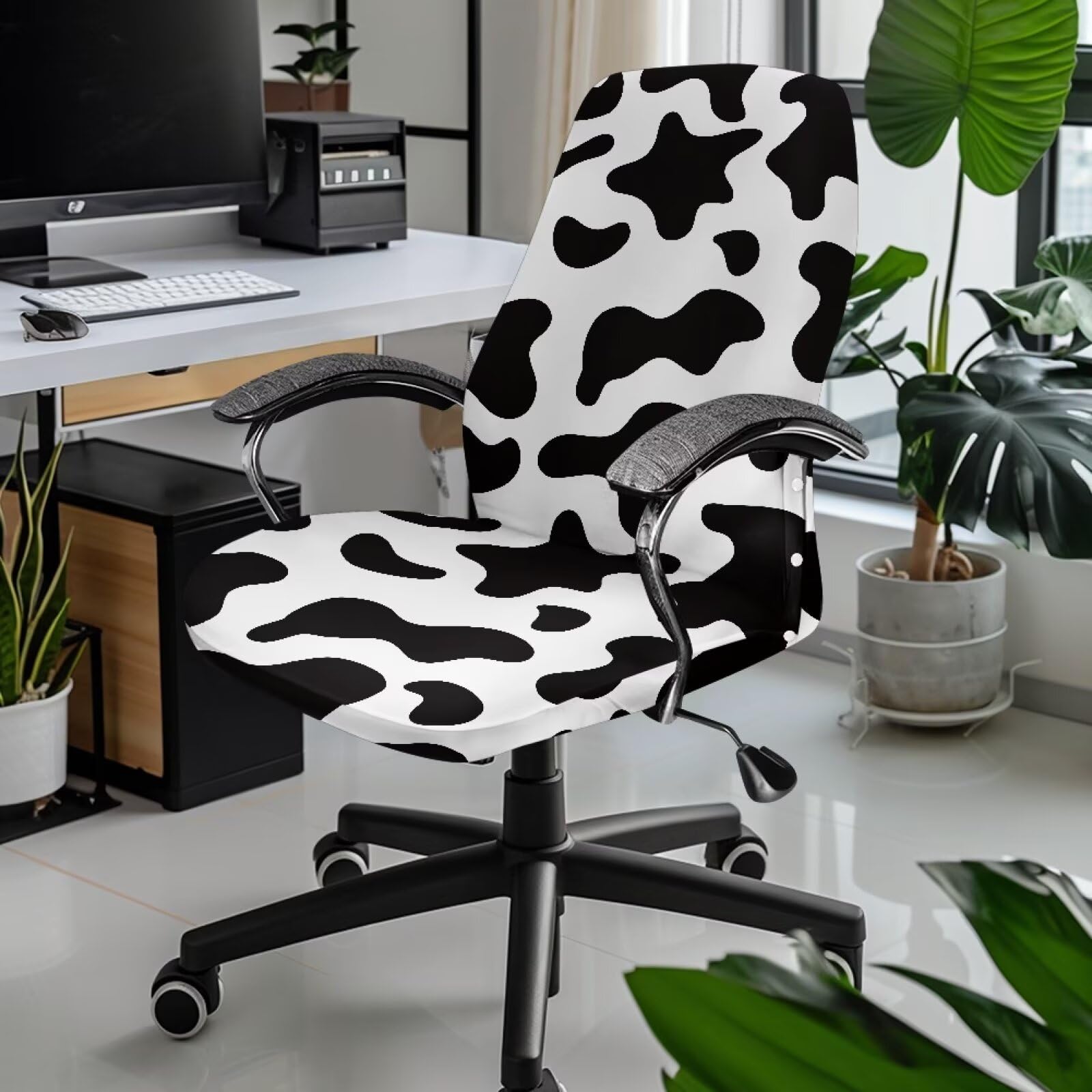 Bivxisrvo Cow Print Computer Office Chair Cover Stretchable Cloth Polyester Universal Desk Task Chair Chair Covers Stretch Rotating Chair Slipcover Removable Furniture Protector for Office Home
