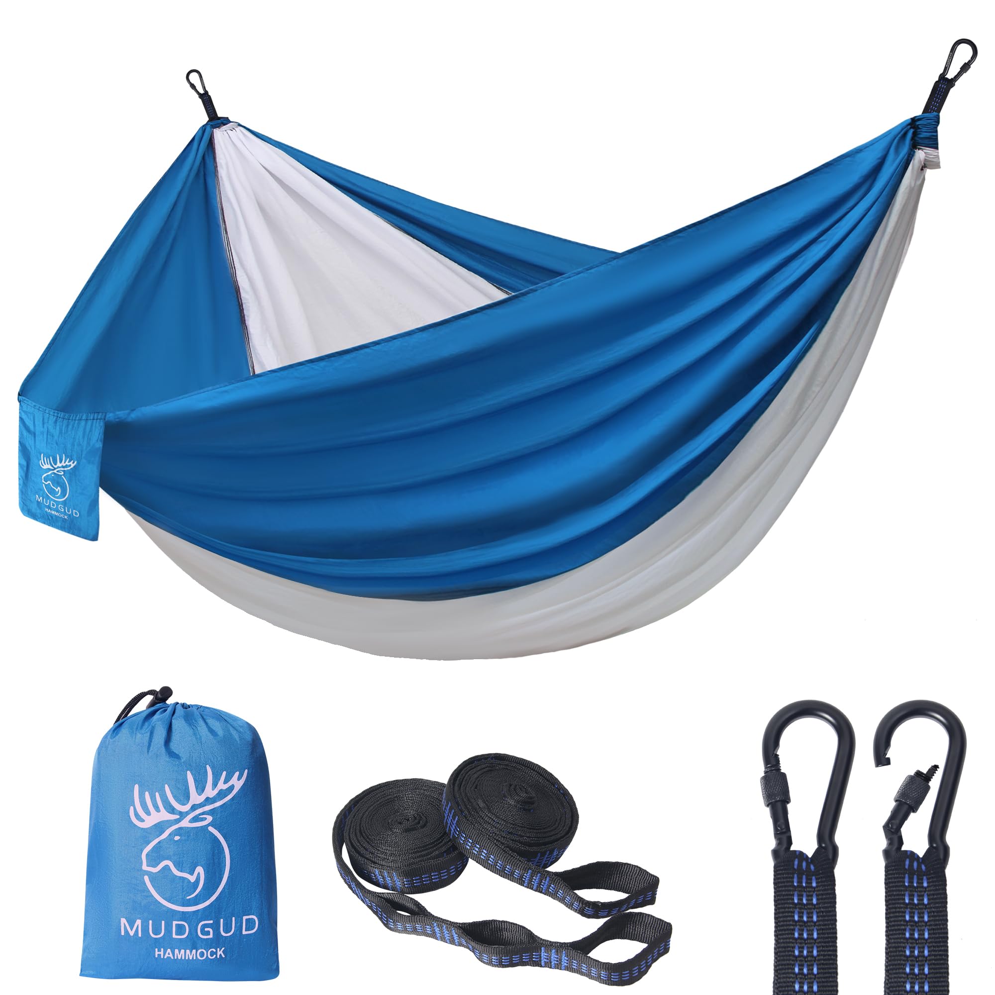 MUDGUD Hammock Outdoor Camping Hammocks 275 cm x 140 cm Solo 1 Person Hammock Ultralight Portable Travel Hammock up to 300 kg Load Capacity Nylon Breathable Hammock - White-Blue