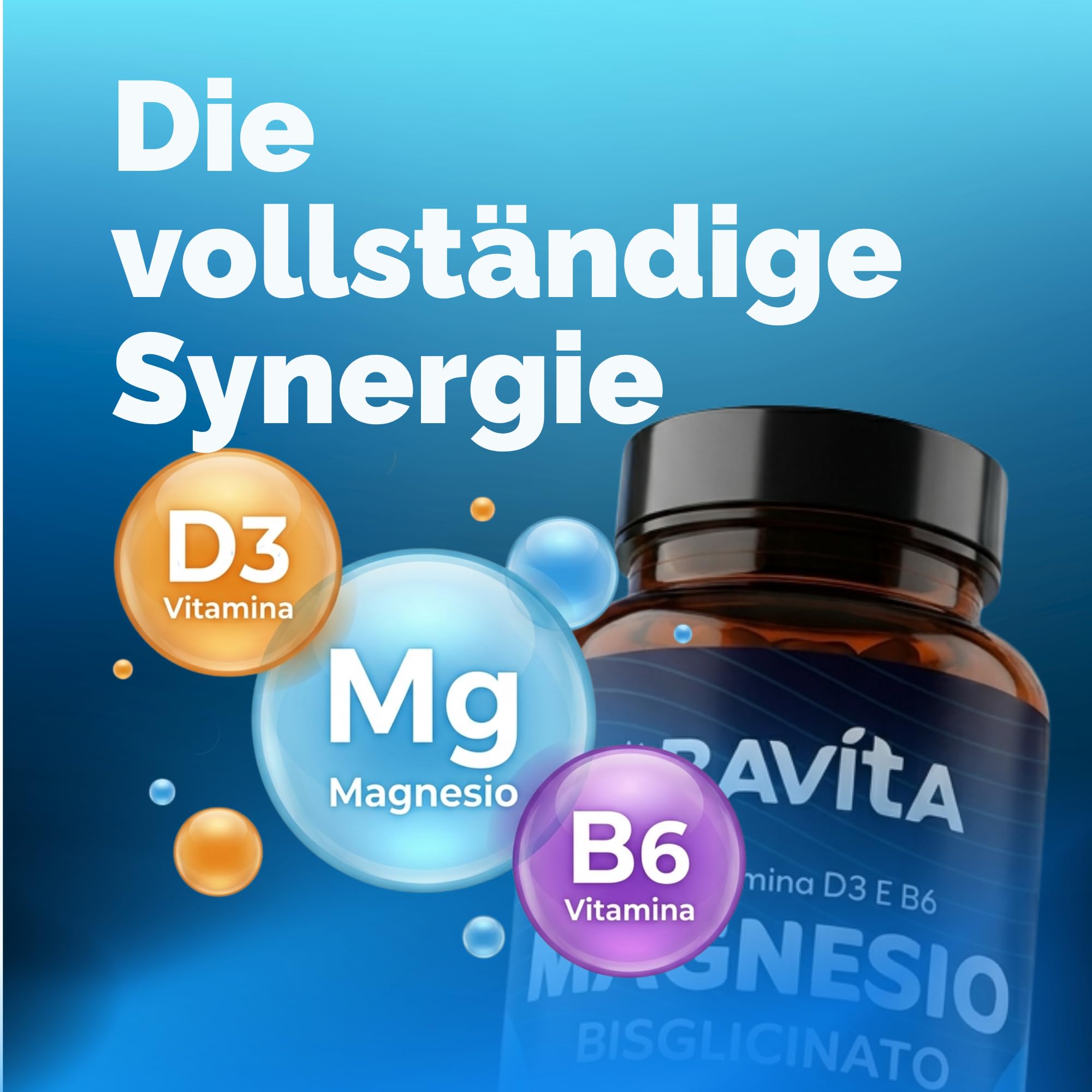 Magnesium Bisglycinat 450mg + Vitamin B6 + Vitamin D3 | 360 Magensaftresistente Vegane Kapseln – 12 Monate Vorrat | Hochdosiert | Made in Italy