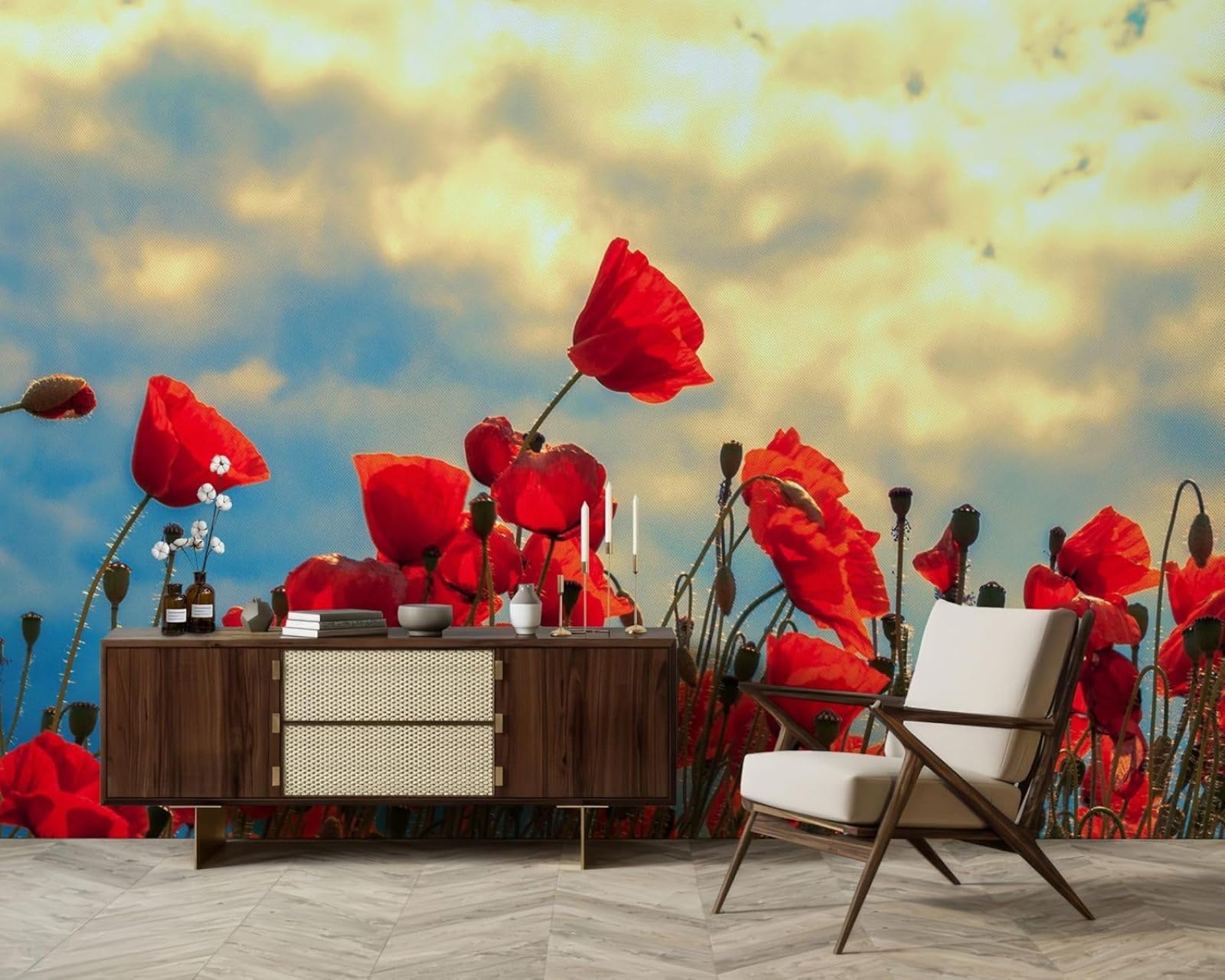 hgjdjhnf Photo Wallpaper Red Poppies Field Flowers Sky Non-Woven ModernLiving Room Bedroom Children's RoomDecoration Motif Wallpaper,150cmx105cmSticker - Background- Painting - Poster
