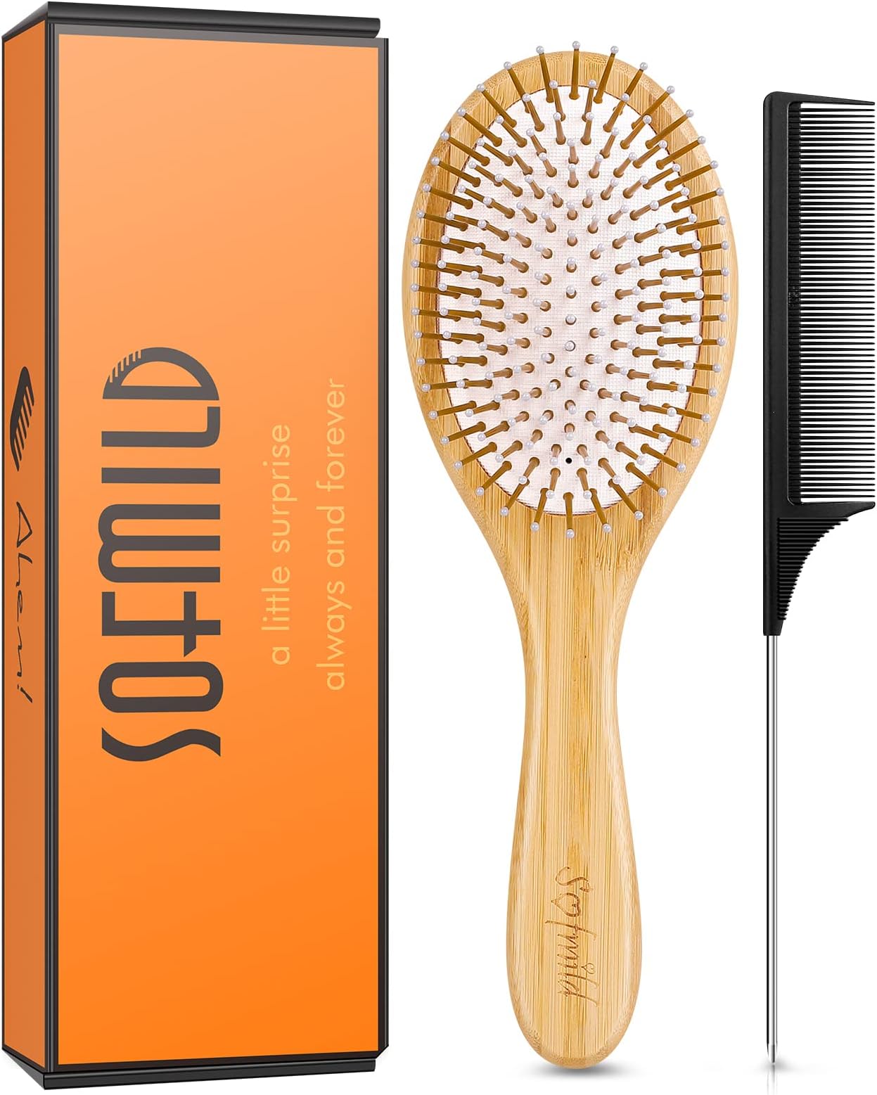 Sofmild Bamboo Wooden Paddle Hair Brush Comb Set, Hairbrushes for Women Men Kid Detangling Hair Massaging Scalp with Round Tip Bristles for All Hairstyles (White Wooden)