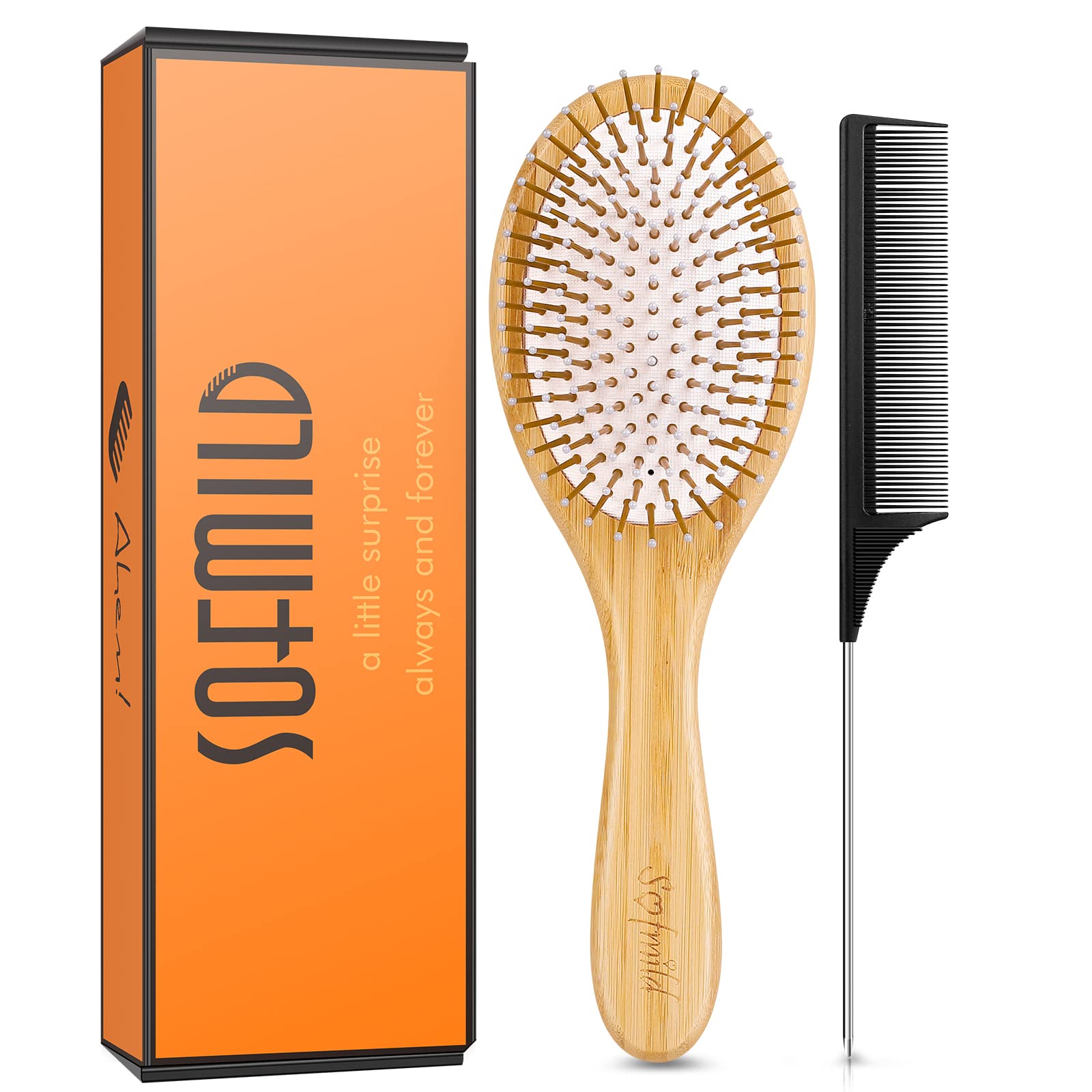 Sofmild Bamboo Wooden Paddle Hair Brush Comb Set, Hairbrushes for Women Men Kid Detangling Hair Massaging Scalp with Round Tip Bristles for All Hairstyles (White Wooden)