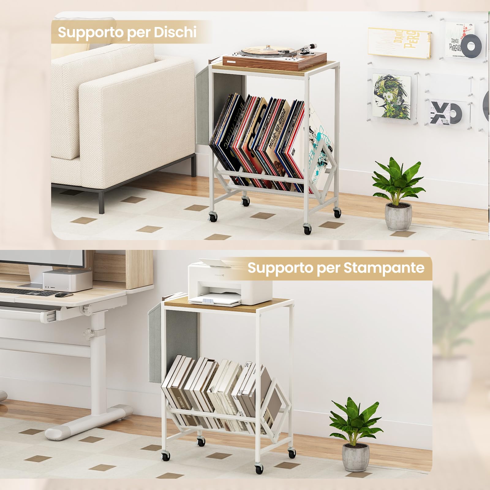 RELAX4LIFE Supporto per Giradischi con Ruote, Porta Vinili con Sacchetto in Tessuto, Mobile per Giradischi e Vinili, Espositore per Dischi, per Ufficio, Studio, Soggiorno e Camera da Letto (Naturale)
