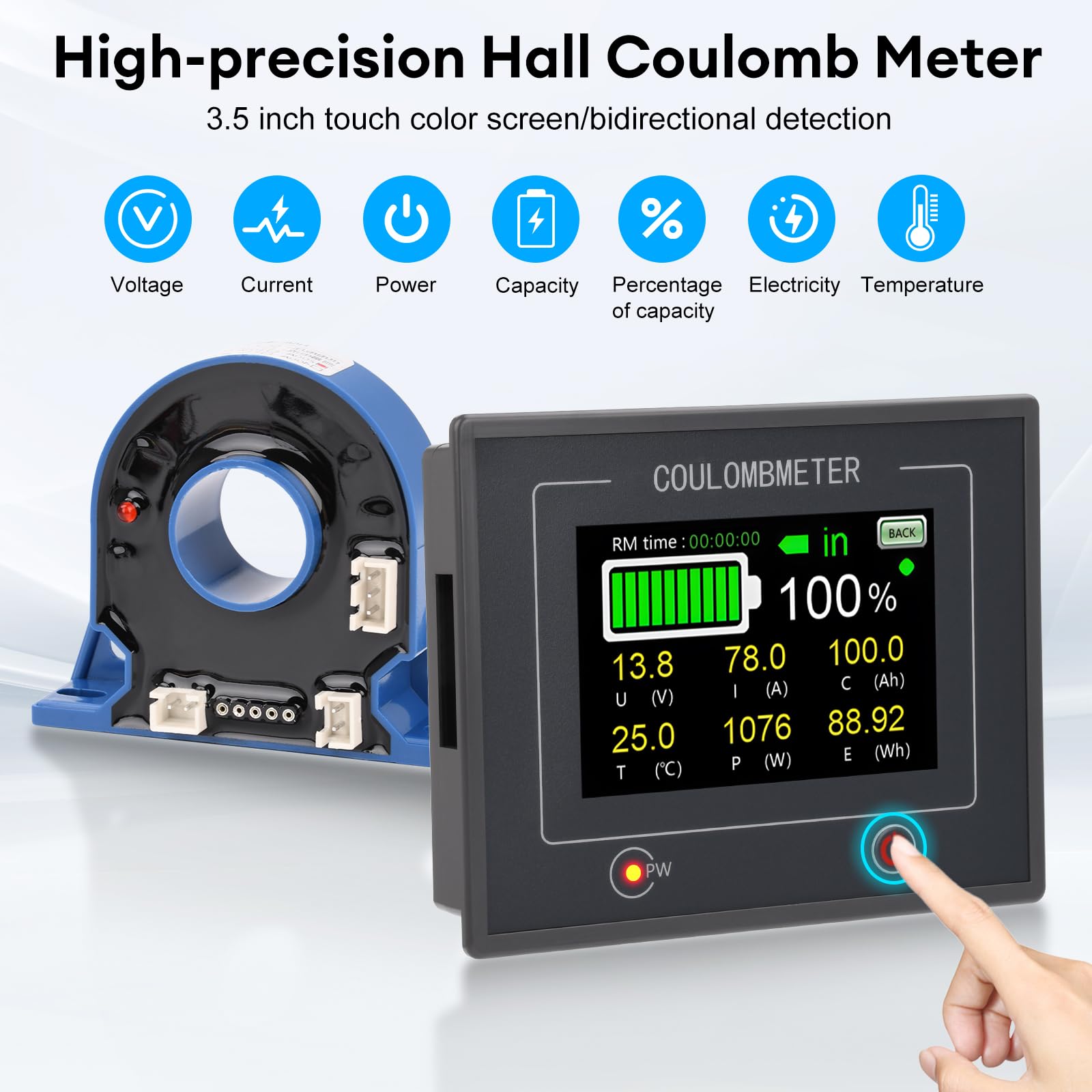 200A Digitaler Batteriewächter 12V 24V 36V 48V Batteriemessgerät Multifunktionaler,3,5" Touchable Batteriekapazitätsmonitor 10-100V LCD Display für Blei-Säure-Lithium Batterie mit Alarm