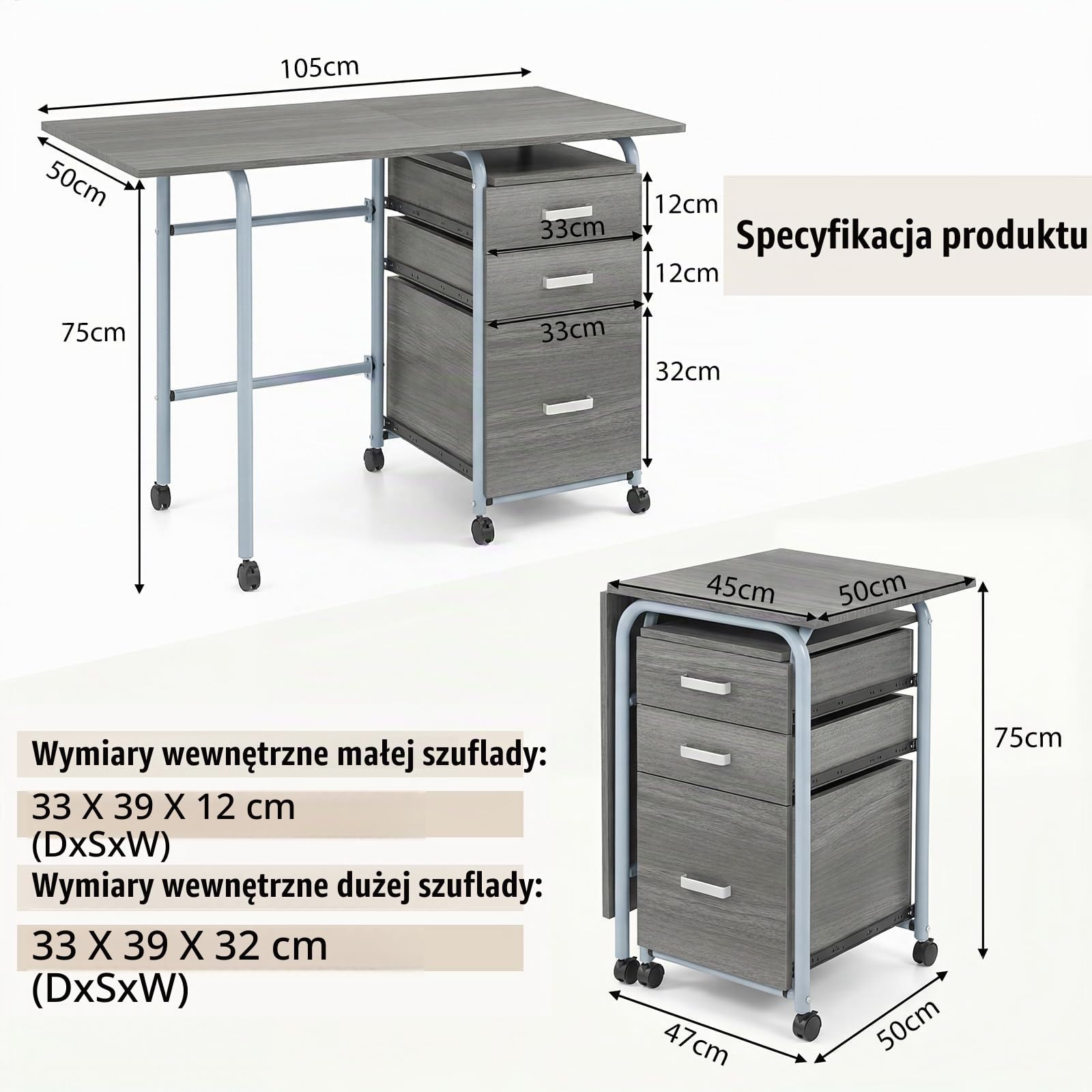 COSTWAY Składane biurko komputerowe z 3 szufladami i kółkami, biurko z metalową ramą, zajmuje mało miejsca, składane biurko do małych pomieszczeń, 105 x 50 x 75 cm (szare)