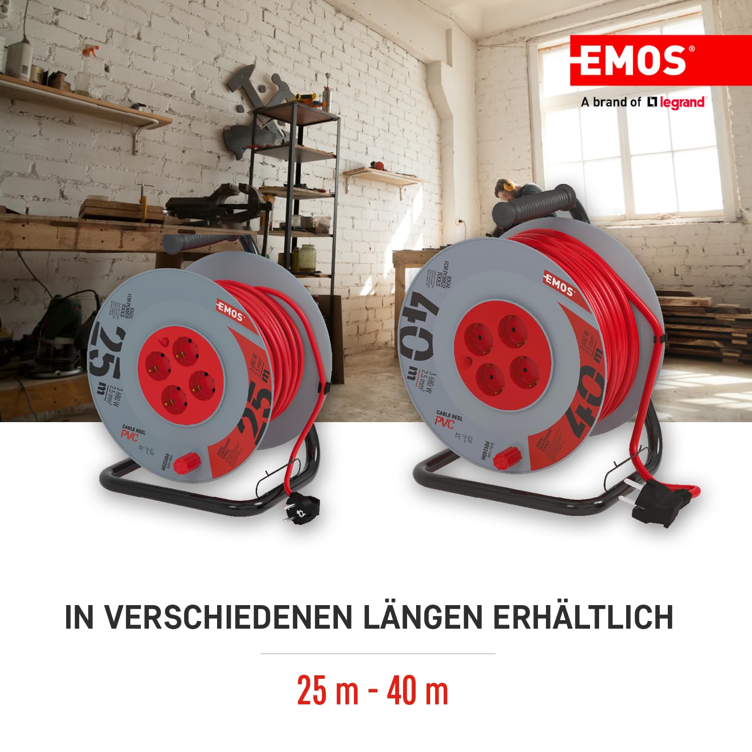 EMOS - Avvolgicavo da 25 m con prolunga rinforzata - 4 prese Schuko - 230 V, 16 A, 3680 W - Isolamento in PVC - H05VV-F3G 2,5 mm2 - Protezione contro il surriscaldamento - IP20 per interni