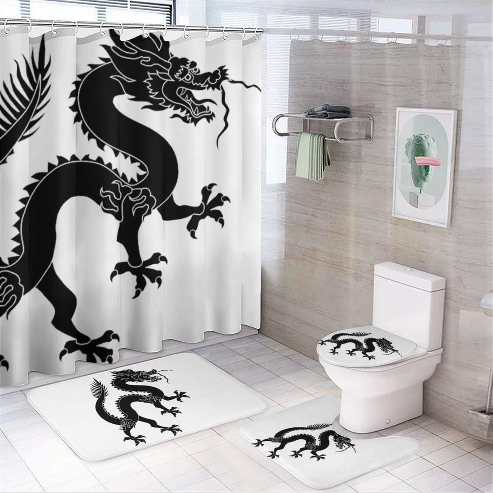JZemdybill Bathroom Mat Set 4 Piece, Black Dragon Shower Curtain with Non-Slip Bath Mats for Bathroom