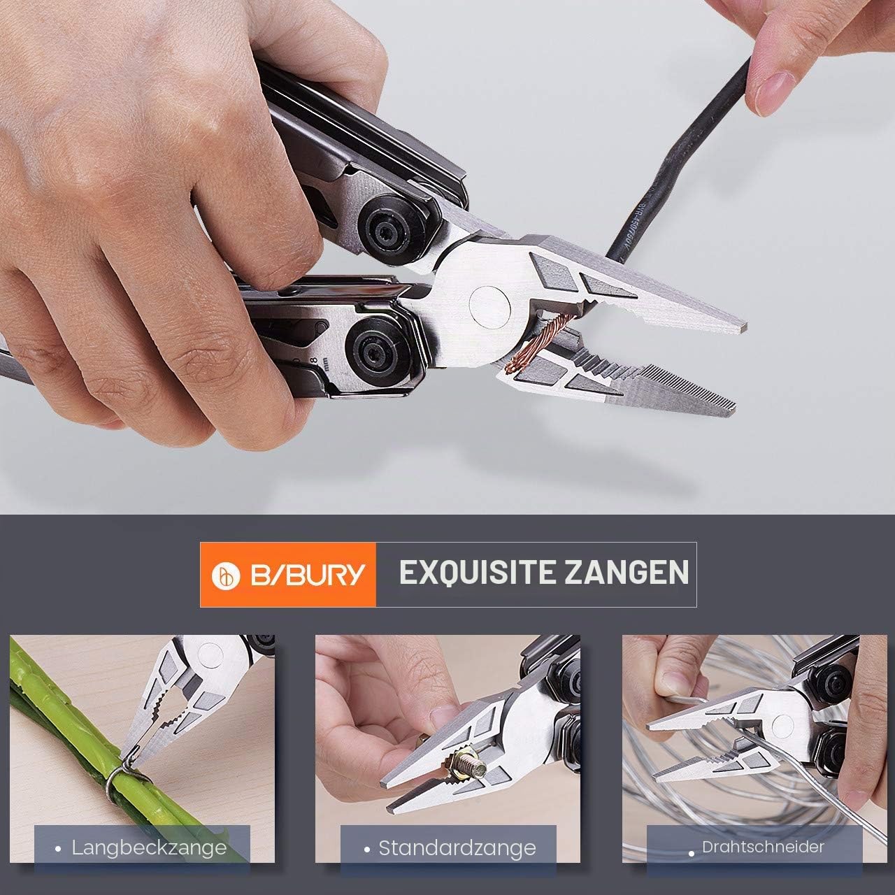 BIBURY 18 in 1 Multitool zang, Taschenwerkzeug, Titan-Griff Design Faltbares Multitools Edelstahl, Multiwerkzeug, Multifunktionale mit Schraubendreher Säge für Camping Reparieren, Geschenke für Männer