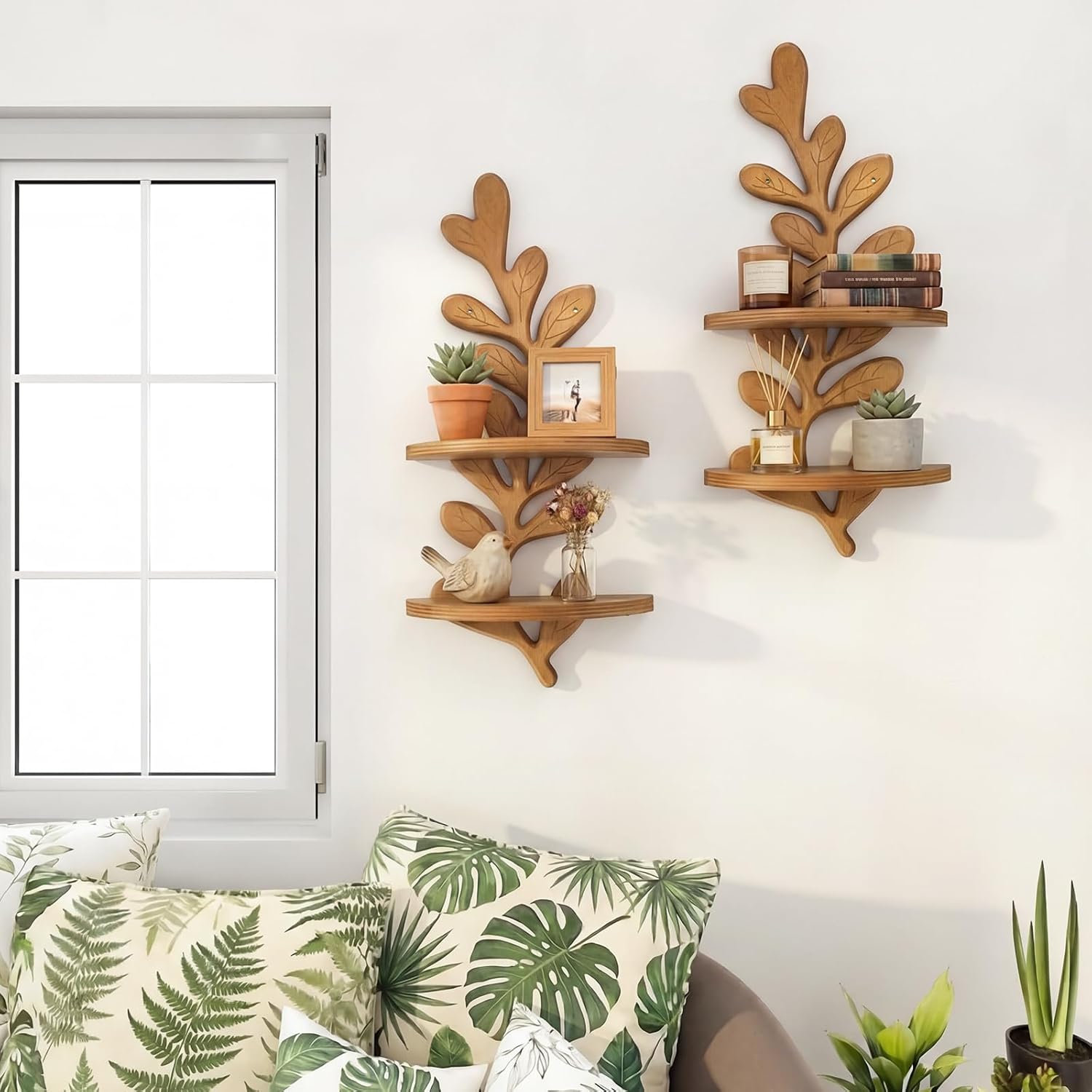 Pinkunn 2 Pcs Leaf Shaped Wall Shelf Boho 18.5" Pine Wooden Floating Shelves 3 Tier Botanical Bohemian Display Shelf Mid Century Decor for Bedroom Living Room Office Holding Planter (Brown)