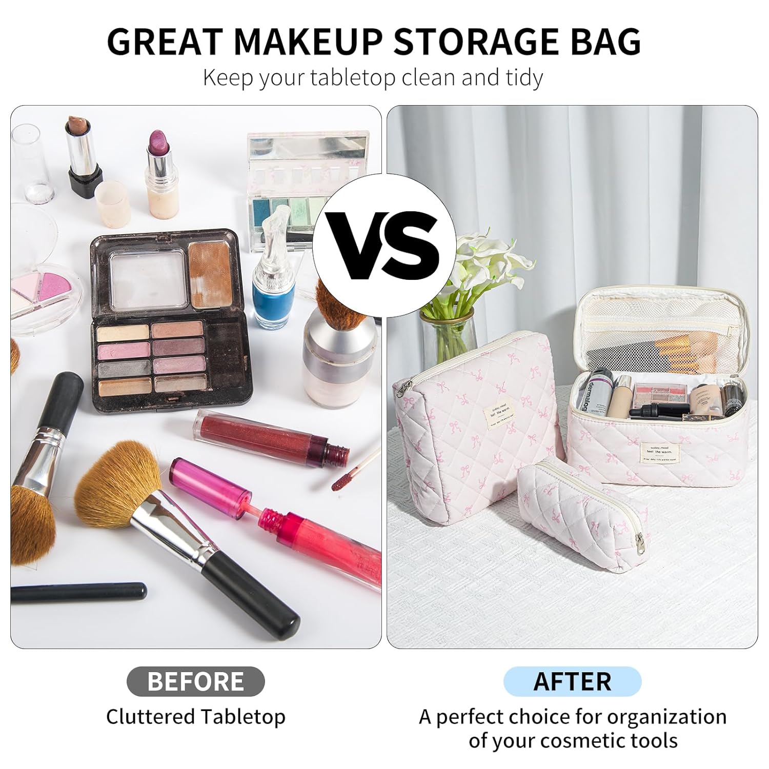 senbowe Floral Makeup Bag, 3 Pack Large Cotton Quilted Makeup Bag Set, Cute Floral Coquette Aesthetic Toiletry Bag Make Up Cosmetic Bag for Women, Toiletry Travel Make Up Organizer Bag - Image 4