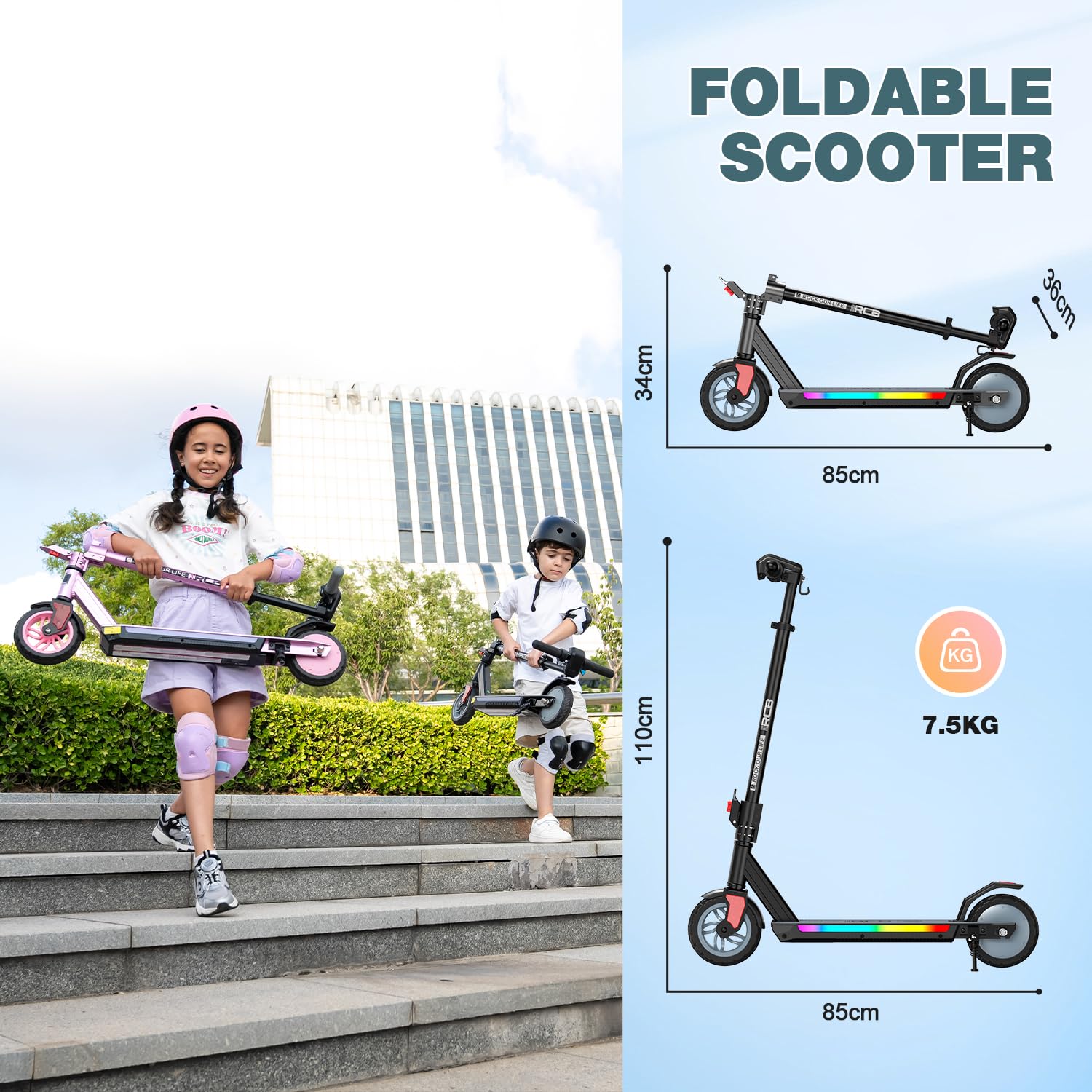 RCB R12 PRO E-Scooter Kinder 6-12 Jahren, bis zu 18km/h &15km, 7 Zoll Faltbar Elektroroller,Höhenanpassung,Bunte Leuchten,LED Display,Doppelte Bremsen, Geschenk für Kinder