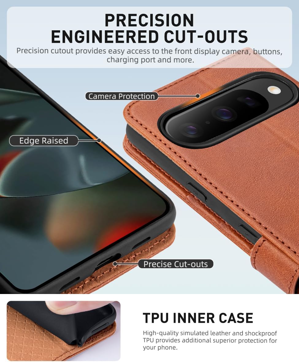 OCASE Compatible with Google Pixel 10 and Google Pixel 10 Pro Wallet Case, PU Leather Flip Folio Case with Card Holders RFID Blocking Kickstand [Shockproof TPU Inner Shell] Phone Cover 2025, Brown