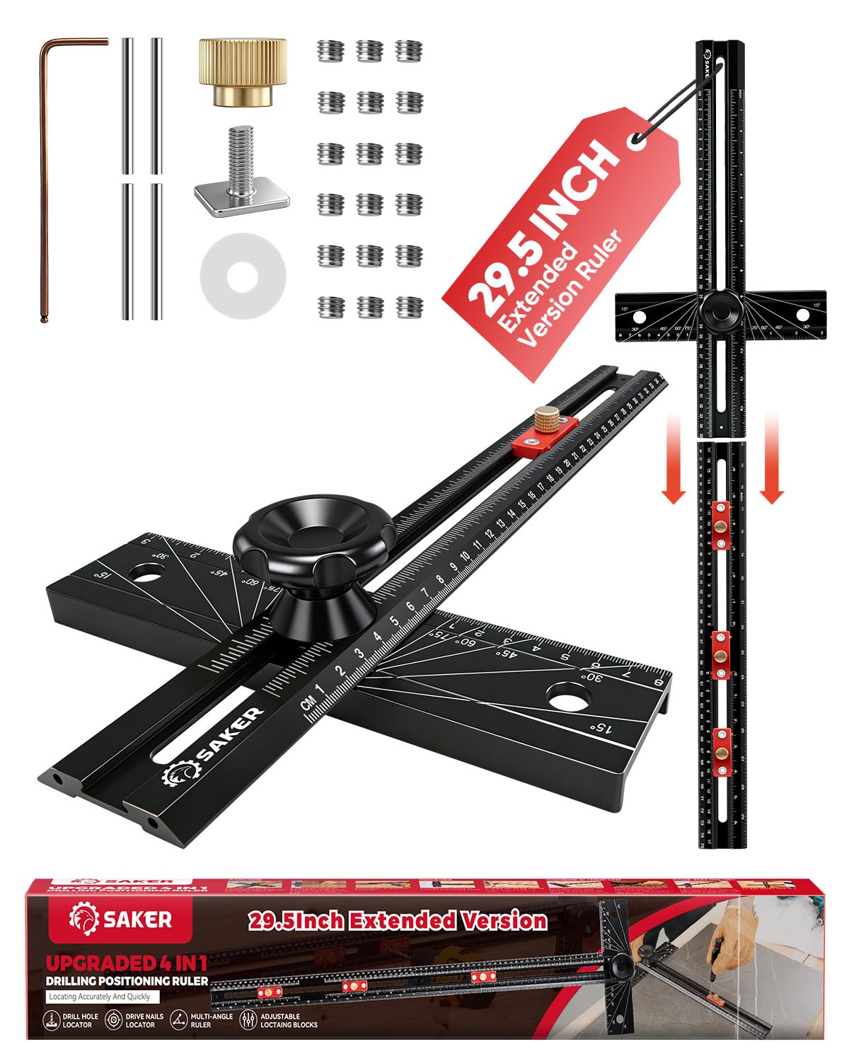 Photo 1 of Saker 4-in-1 Scriber Marking Line Ruler, 29.5in Spliceable Extended T Square, Precision Line Drawing & Drilling Positioning Tool, Cabinet Hardware Jig with Angle Adjustment for Woodworking