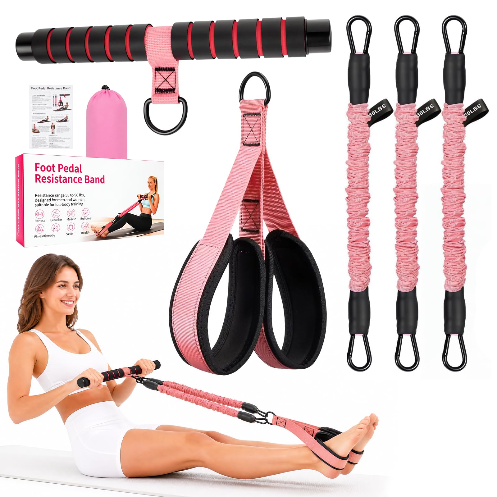 Upgraded Multifunction Pedal Resistance Band with Handle, 3 Tube Adjustable Resistance Bands for Abdomen, Waist, Arm, Core/ABS, Leg Workout - Sit Up Exercise Equipment & Pilates Set for Women