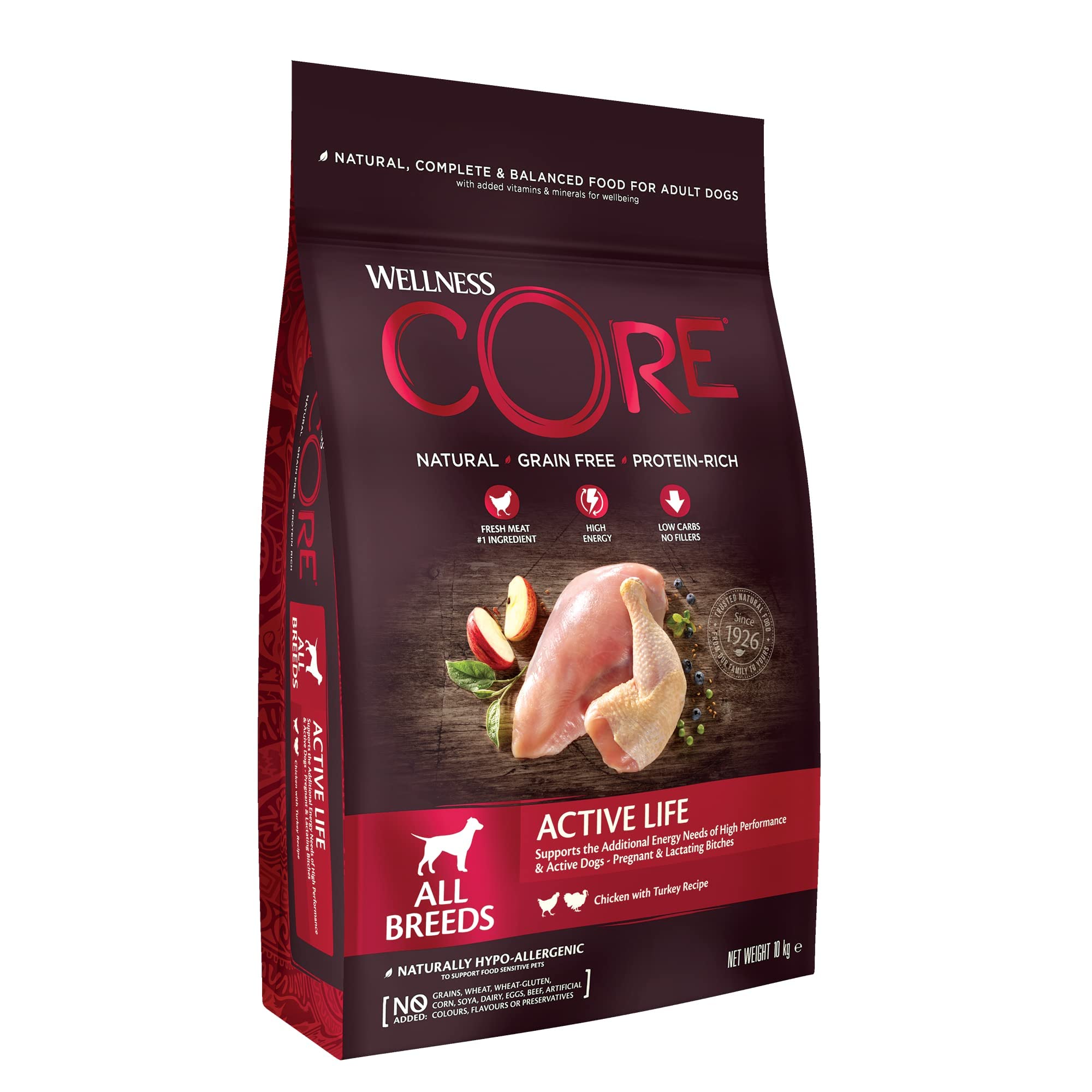 Wellness CORE Active Life 10 kg, Poulet & Dinde – Croquettes Chiens | Pour Chien Actif, Sans Céréales, Naturelles, Hypoallergénique, Riche en protéines et Viande, Energie & Santé Cardiaque