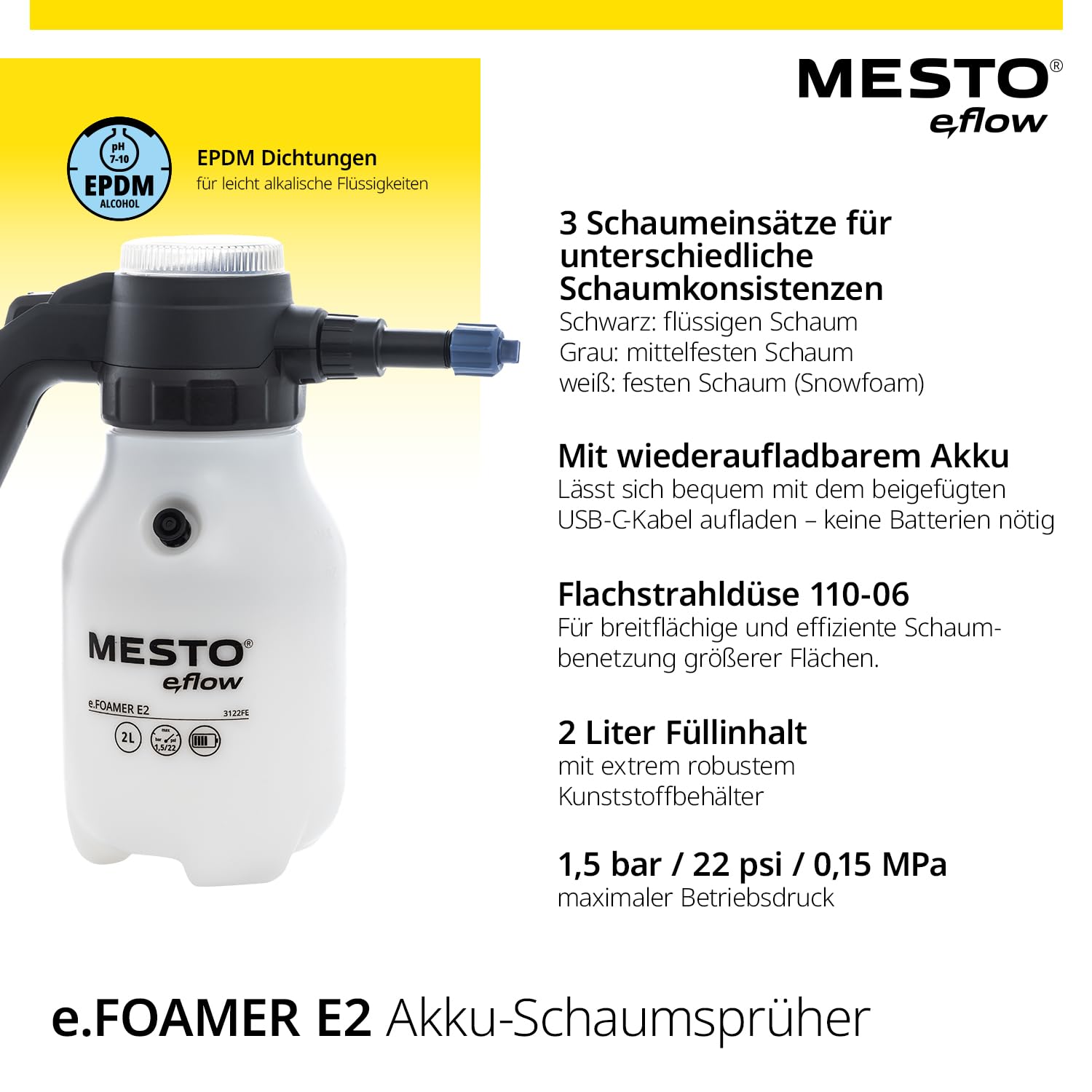 MESTO e.FOAMER E2 Akku-Schaumsprüher 2 L | Elektrischer Schaumsprüher für Auto & Reinigung | Foam Sprayer 1,5 Bar | Schaum Sprühflasche für leicht alkalische Flüssigkeiten & Laugen | inkl. USB-C Kabel