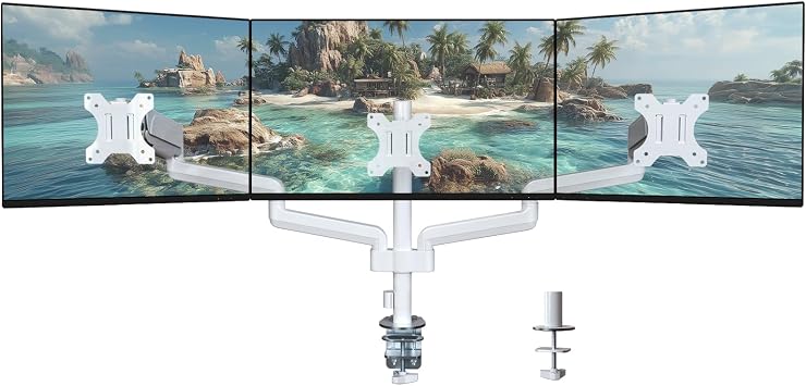 WALI Triple Monitor Mount for 13-32 inch Screens, Adjustable 3 Monitor Desk Mount with Swivel, Tilt, Clamp & Grommet Kit, Triple Monitor Stand for Desk, VESA 75x75/100x100mm GSDM003W, White
