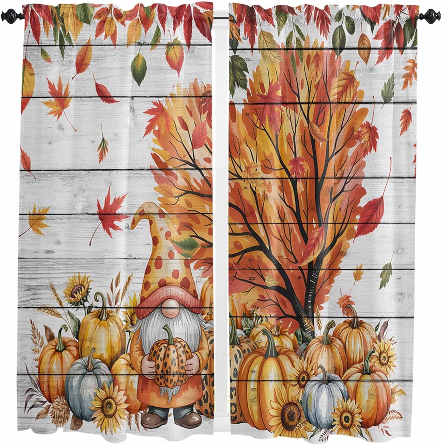 Orange Yellow Gnomes Fall Kitchen Curtains, Thanksgiving Botanical Leaves Wooden Light Filtering Window Curtain, 2Pcs Rod Pocket Window Treatments Set for Living Room Bathroom Bedroom 52x72 Inches