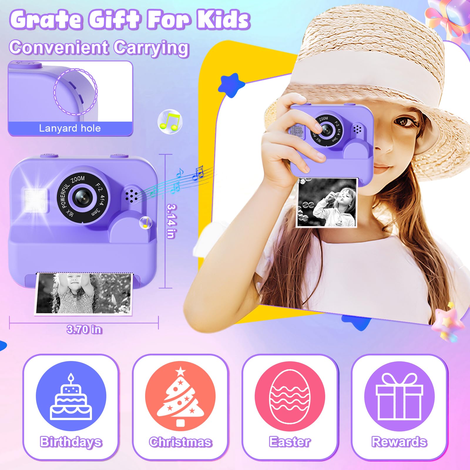 GKTZ Sofortbildkamera für Kinder 1080P mit 3 Rollen Fotopapier (Purple)