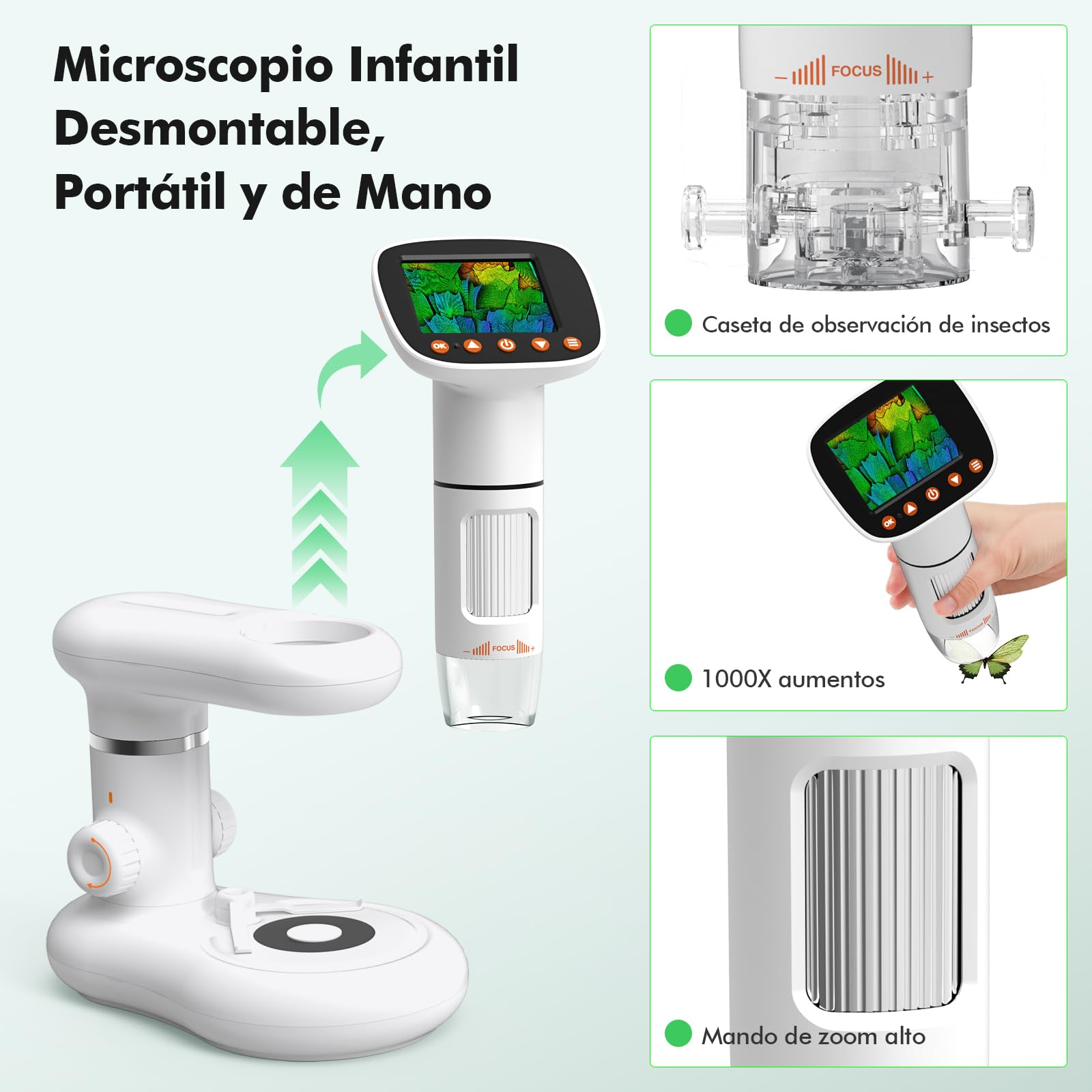 HOMEASY Microscopio para Niños Digital 50X a 1000X con Pantalla HD y Doble Luz LED Juguete Educativo para Aventuras Científicas Regalo Ideal para Niños con Set de Accesorios Incluido y Tarjeta SD 16GB
