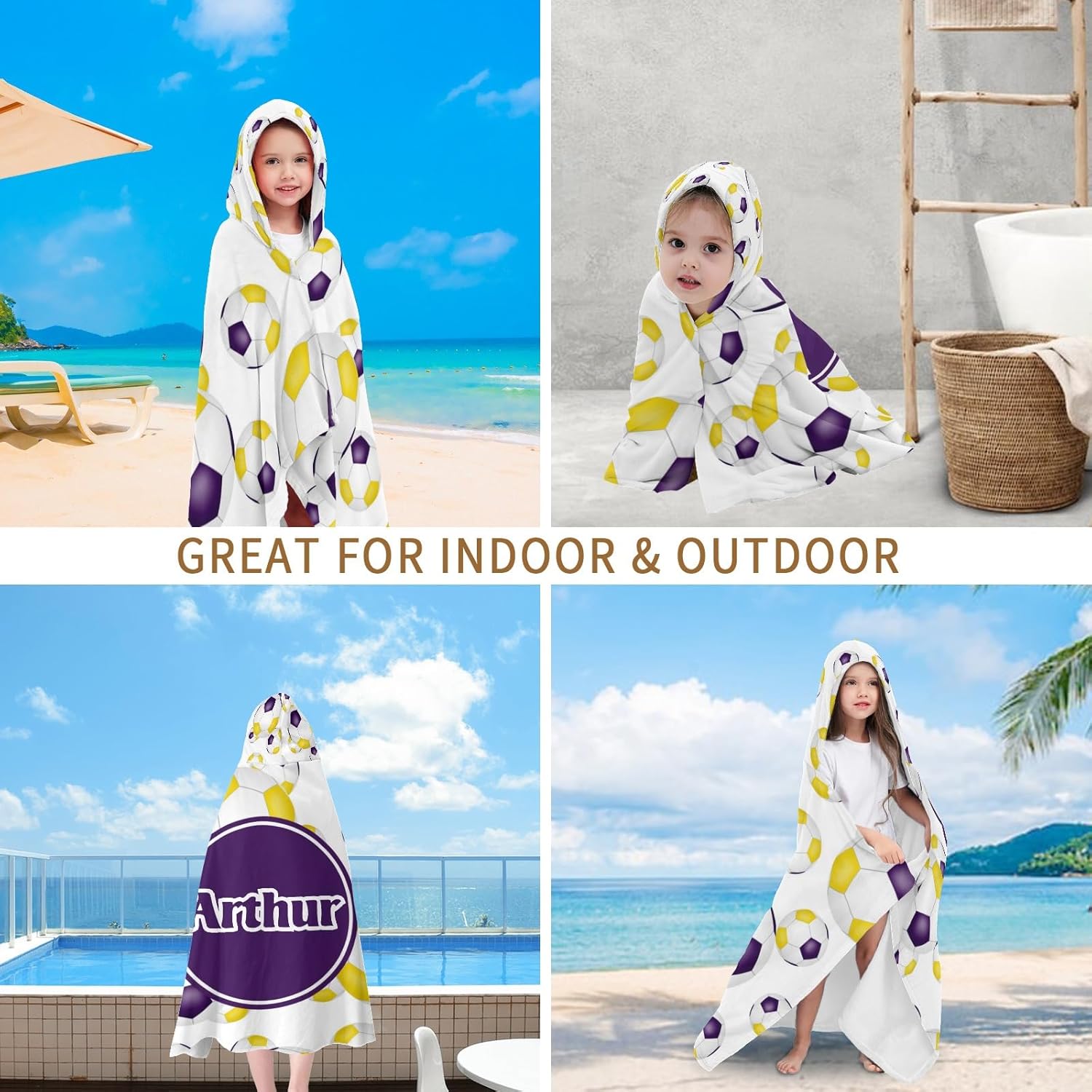 Hooded Bath Towels for Kids, Purple Gold Team Colors Soccer Balls Pattern Personalized Towel for Swimming Robe | Bathing | Beach | Birthday Gifts
