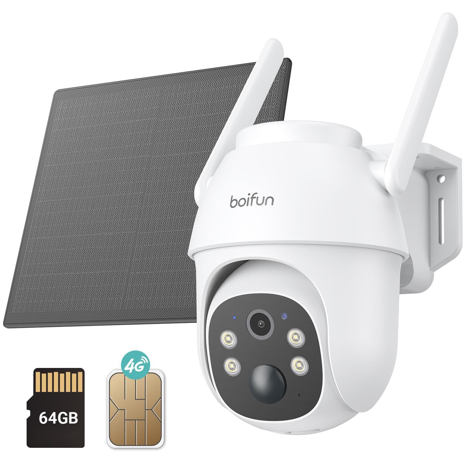 BOIFUN 3G/4G LTE Cámara Vigilancia con Tarjeta Sim y 64GB Tarjeta Memoria, 2K 360° Cámara Exterior con Panel Solar, Visión Nocturna a Color, Audio Bidireccional, Detección de Movimiento, IP65