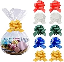 Wowfit 10-Pack Large Cellophane Bags with Bows for Gift Baskets, 24x30 Inch - Complete Gift Basket Wrapping Supplies Kit with Clear Plastic Wrap