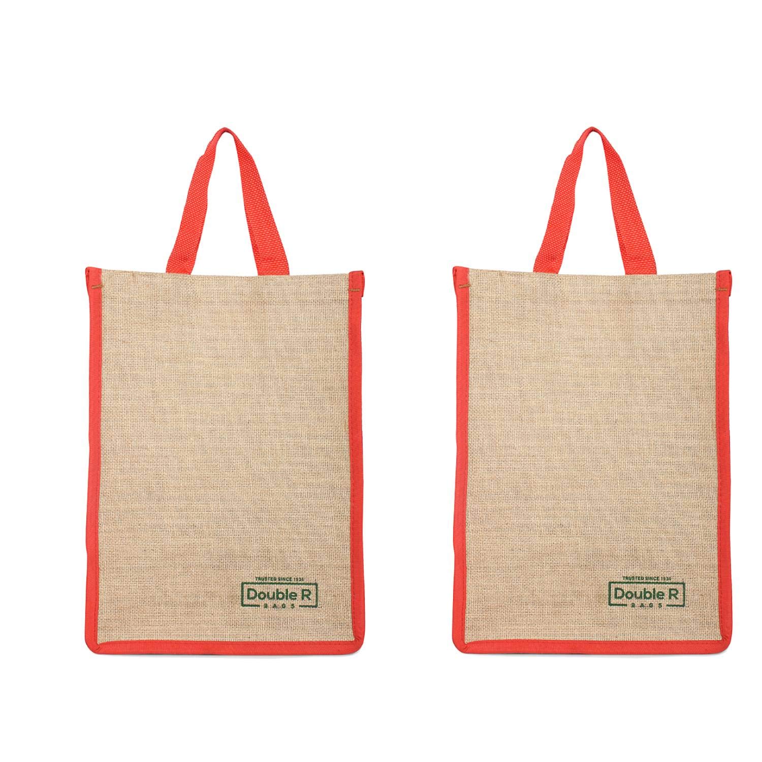 DOUBLE R BAGSLaminated Jute Reusable Shopping Bags Kitchen Essentials Grocery Vegetable Lunch Carry Bag With Strong Polyester Handles Multi-purpose Bag Classic Design Pack of 2