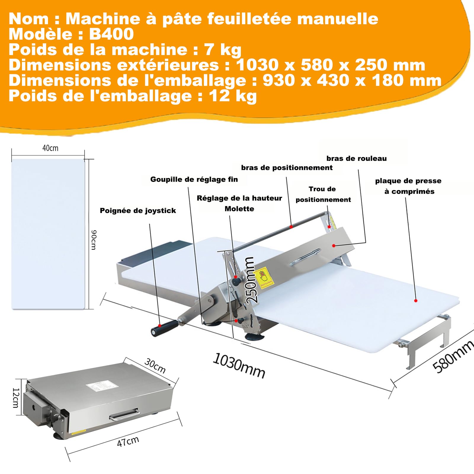 Sfogliatrice Manuale per Pasta, Macchina per Pasta in Acciaio Inox, Spessore della Pressa 0,08"-0,9", per Fondente, Croissant, Pizza e Pasta Sfoglia B400