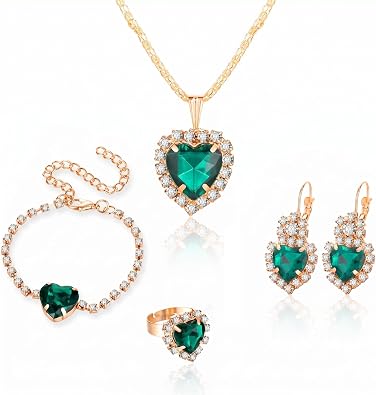 Dark Green Jewelry Set Elegant Crystal Heart Four Part Collection Pendant Necklace Drop Earrings Adjustable Ring Bracelet Fashion Beauty Evening Vibe