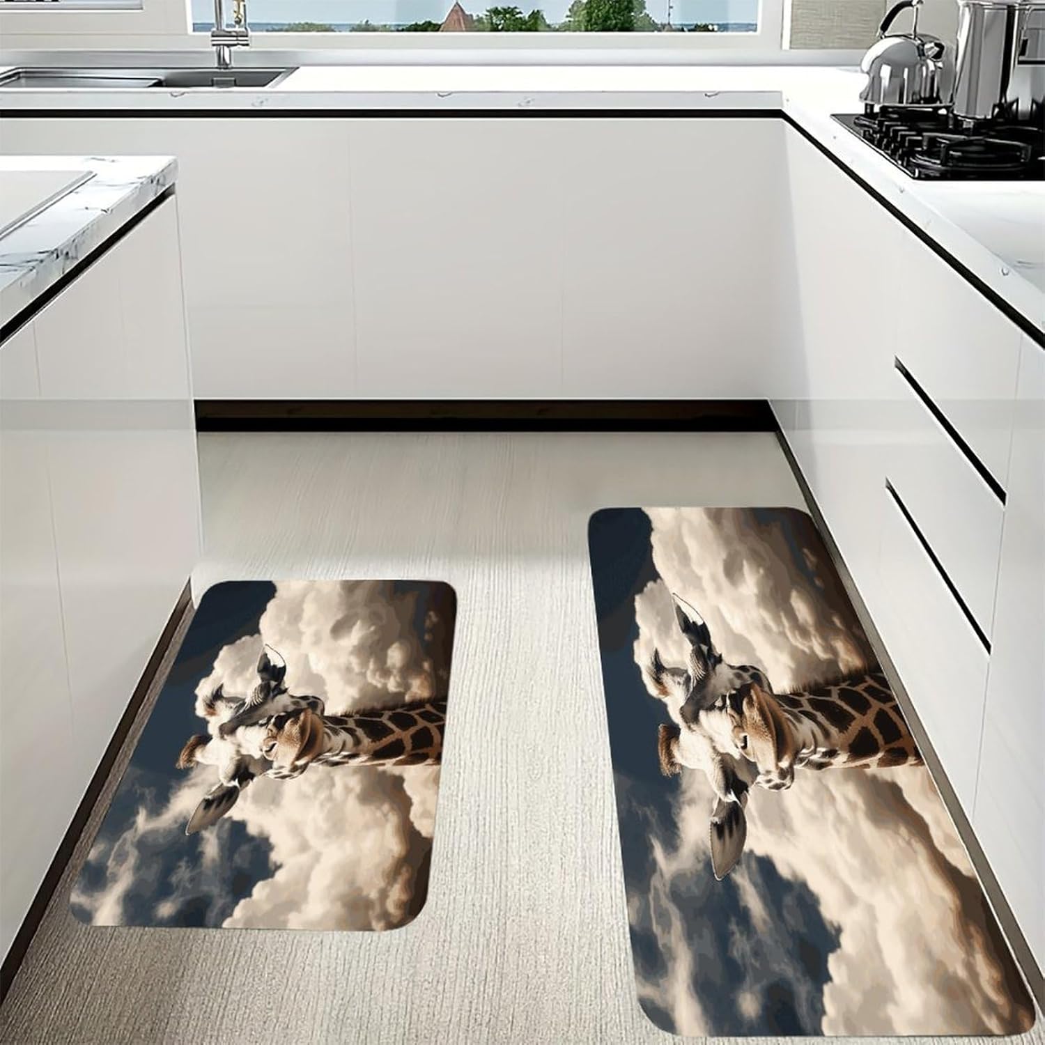 Giraffe in The Clouds Kitchen Mats with 2PCS Non-Slip Washable,Kitchen Rug Heavy Duty Durable, Floor Mats for Kitchen,Office,Sink,Laundry