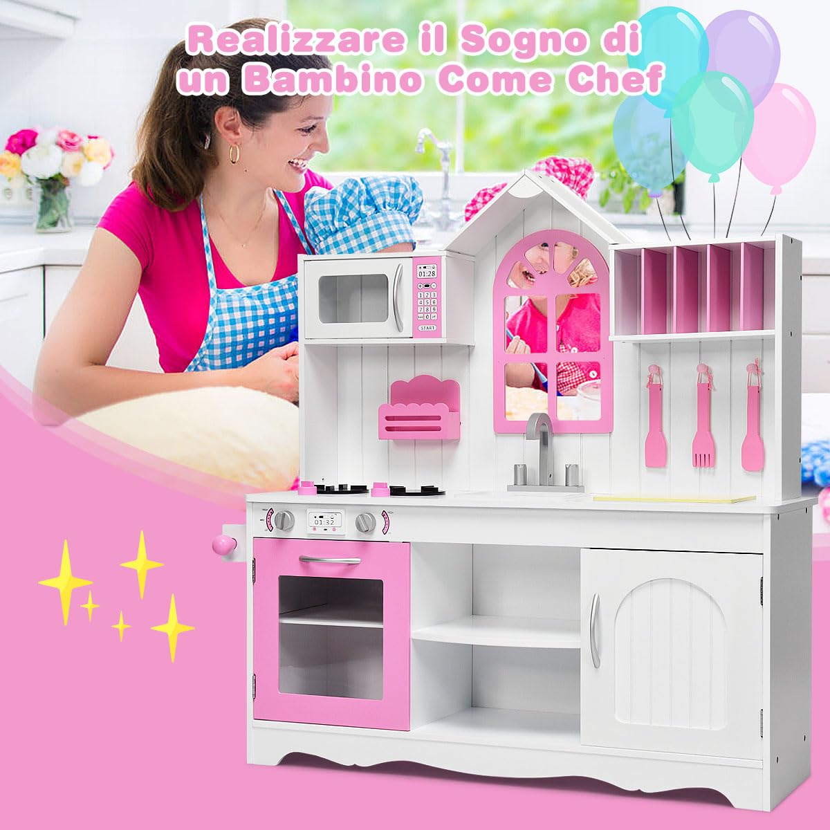 RELAX4LIFE Cucina Legno per Bambini, Cucina Giocattolo con Forno, Microonde e Fornelli, Mini Cucina, Giocattolo Educativo per Bambini 3+ Anni (Modello 1)