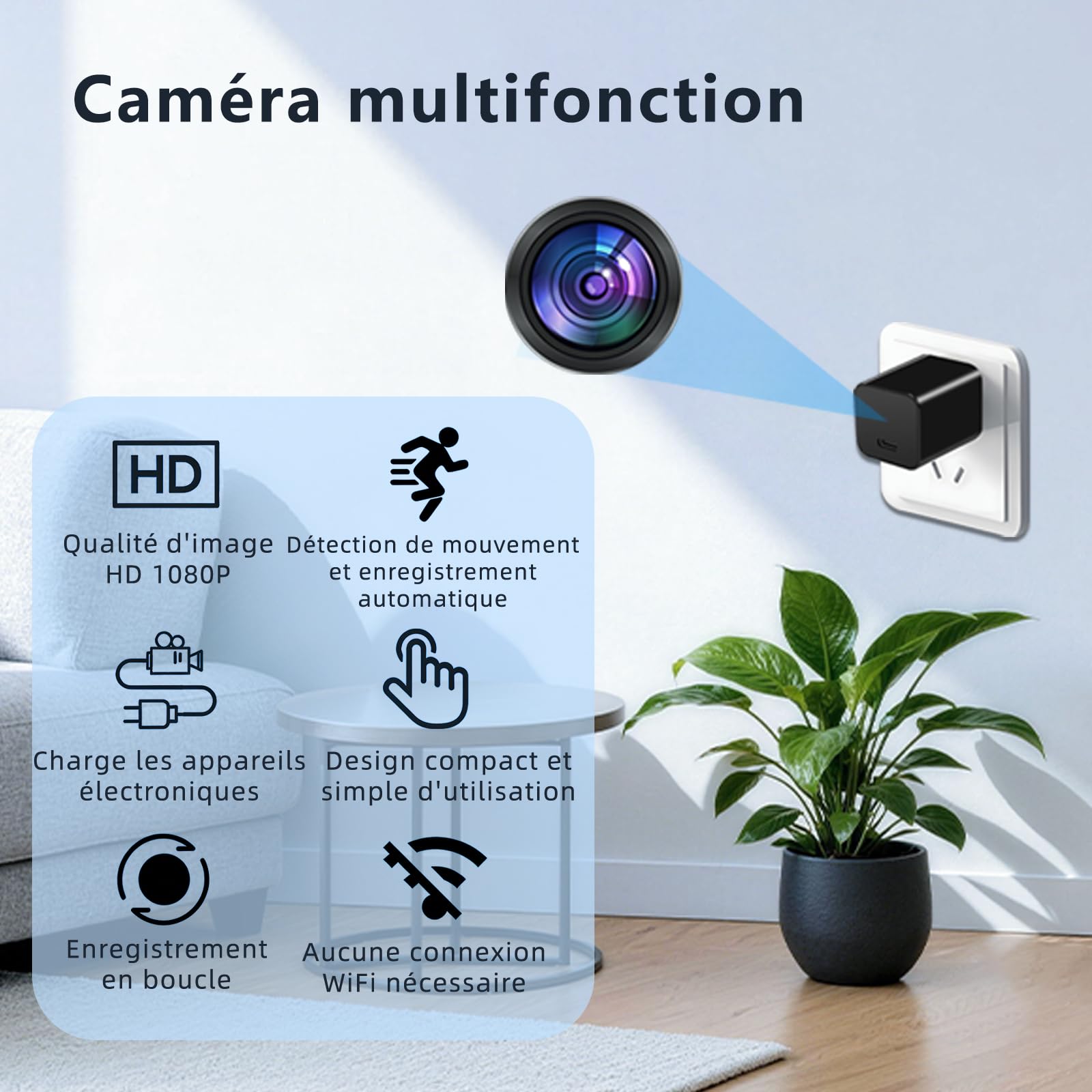 Mini caméra HD 1080P, caméra de sécurité domestique portable plug‑and‑play | détection de mouvement, idéale pour la surveillance 24h des enfants, animaux de compagnie, bureau et entrepôt, sans Wi-Fi.