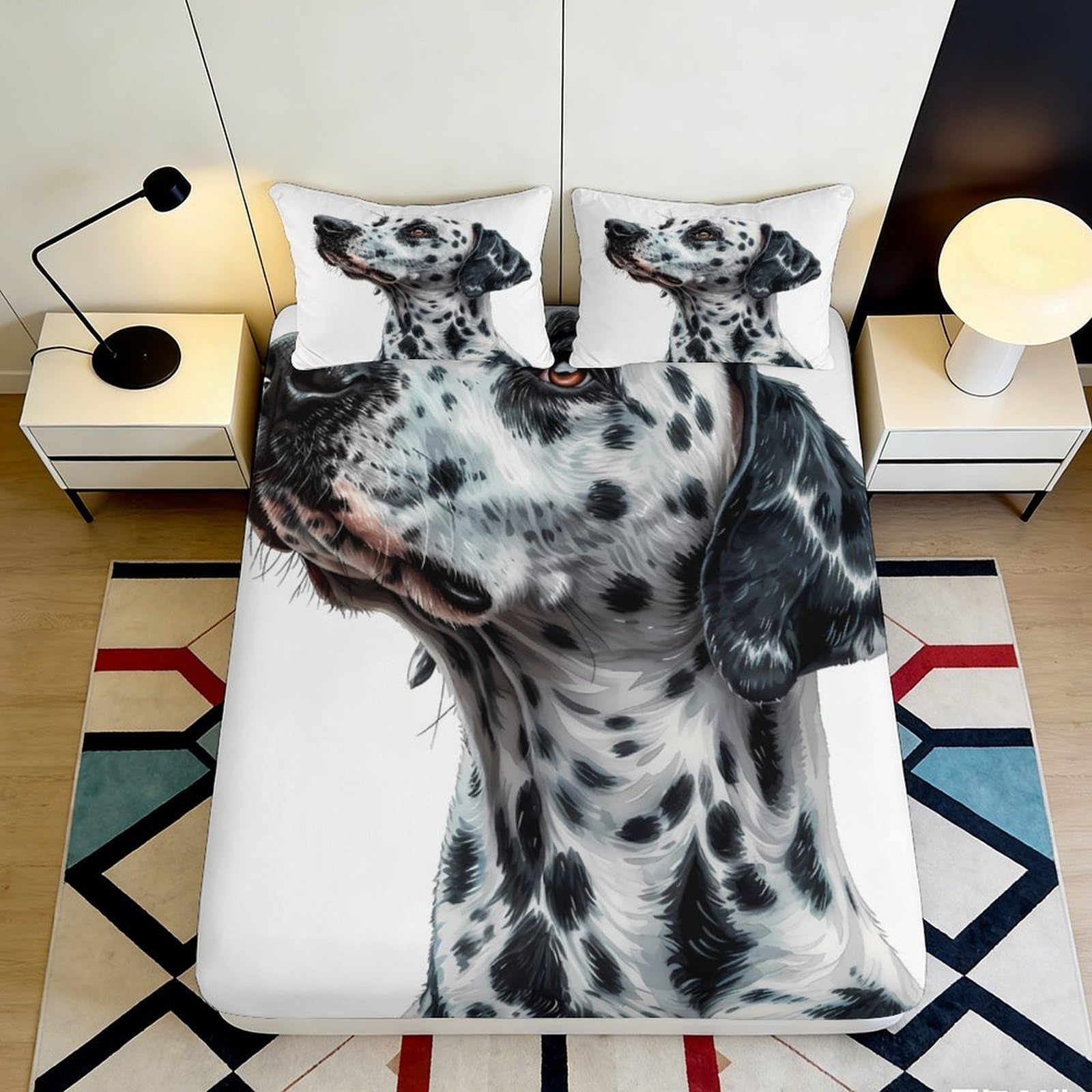 3D Printed Dalmatian Dog Fitted Sheet Microfiber Soft Breathable Animal Bed Cover for Bedroom Guestroom Decor 90x200x25cm