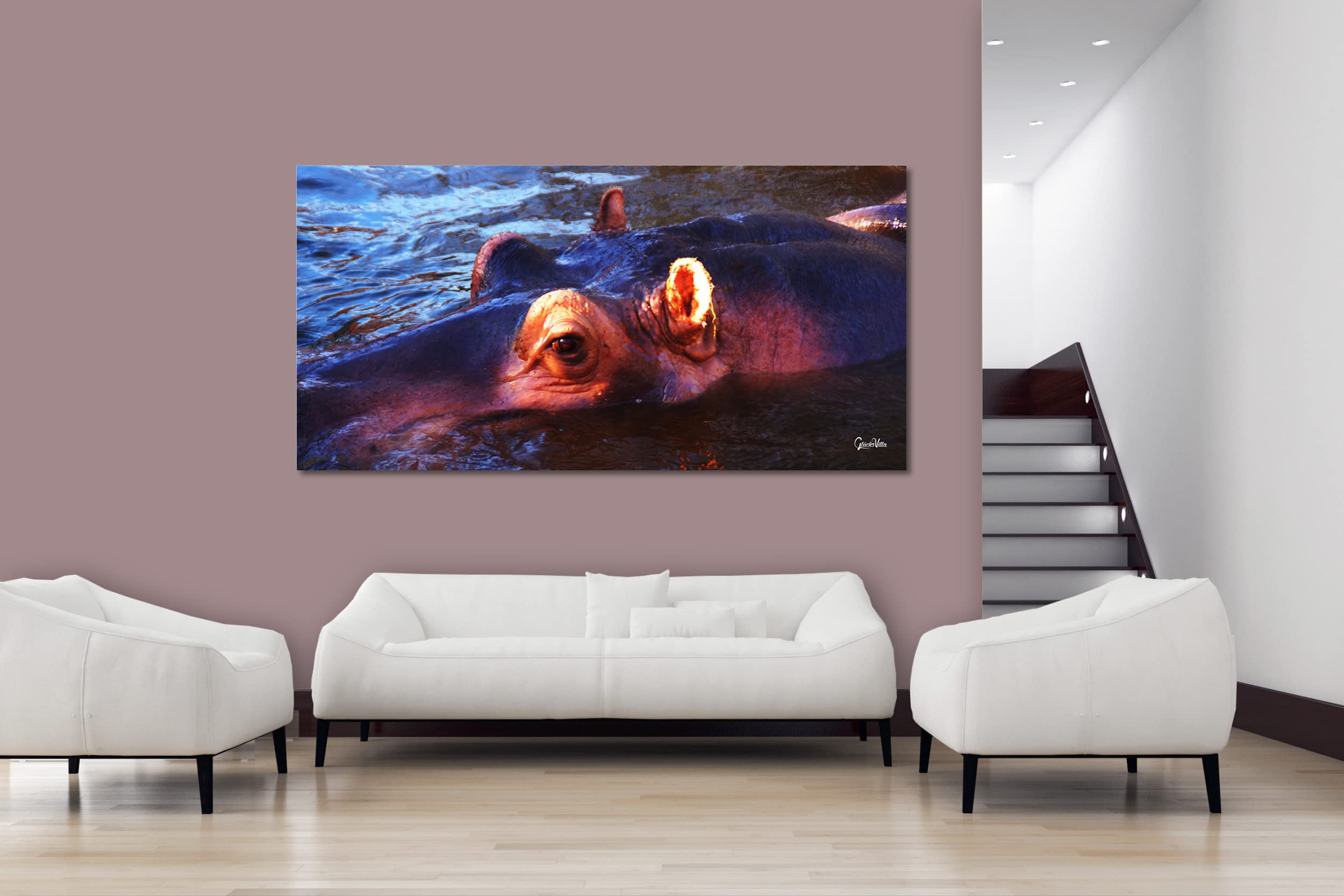 Glücksvilla - Nilpferd 1 (Leinwand-Bild 2 cm, 80 x 40 cm) | div. Maße - aus DE - Kunstdruck Deko Wandbild quer - Wildnis Afrika Natur Tier Hippo